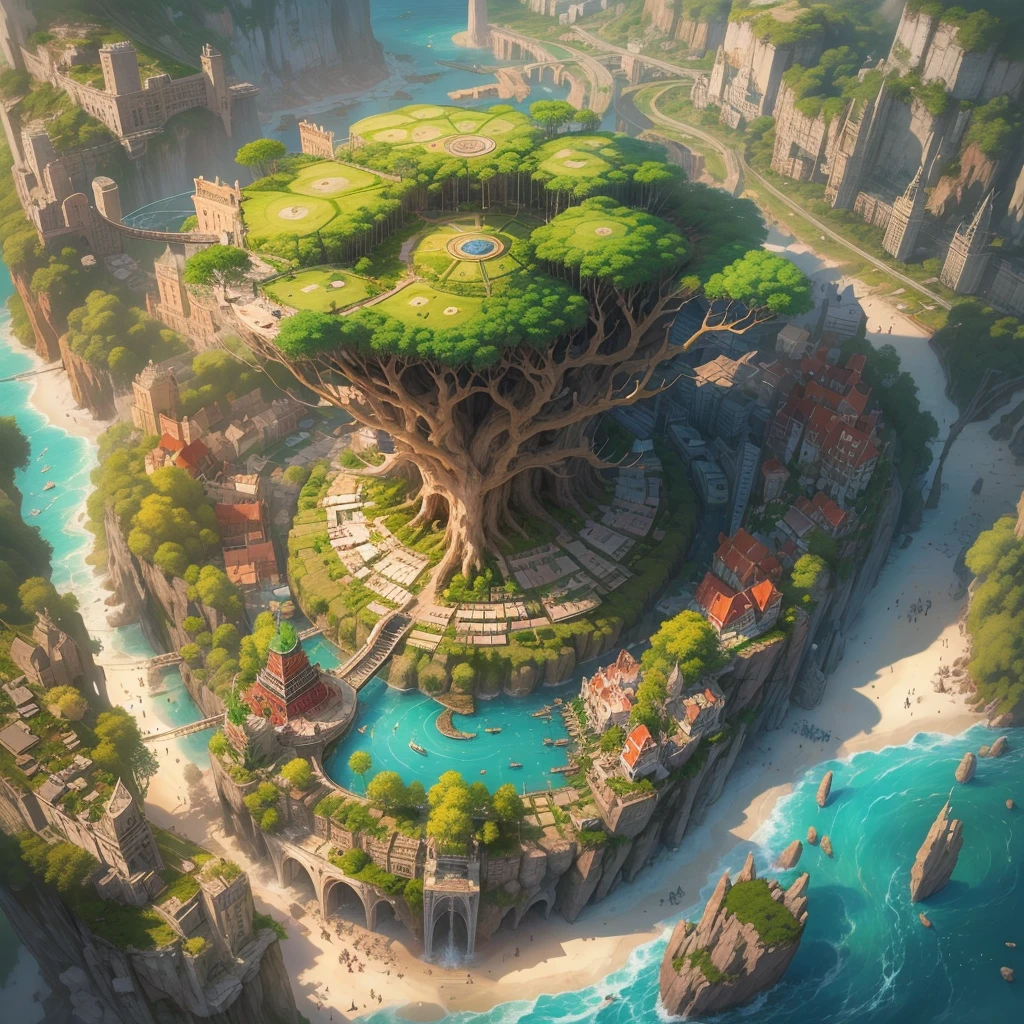 The farthest aerial view, an island in the sea, There is a huge spiritual tree on the island that is as huge as the world, This is the base of natural magicians, It is a fantasy-style magic city, The giant tree is surrounded by the buildings of the Magic Academy and the village。the Sun Shining,A continuous city-state