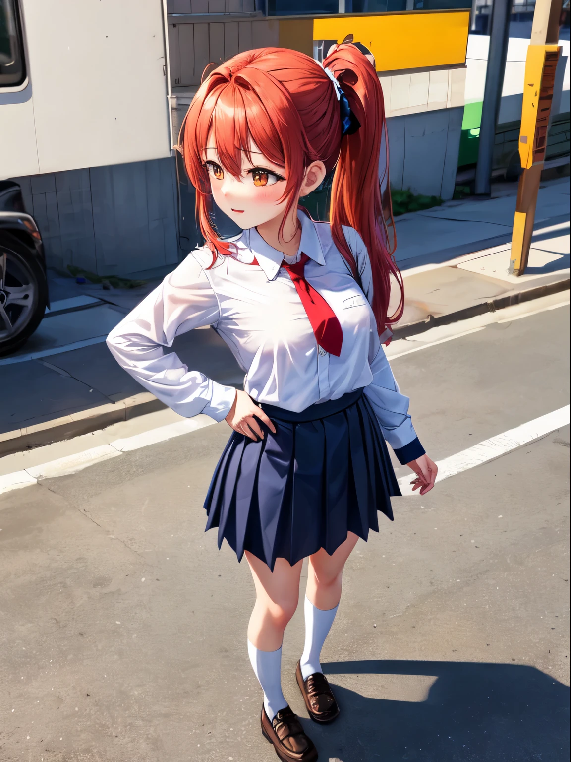 独奏, 1girl in, masterpiece, top-quality, skirt by the,、red eyes, hair between eye, poneyTail, student clothes, is standing, white shirt, panthyhose, Red-haired, プリーツskirt by the, neck tie, shoe, serafuku, tusk, orange color hair, 青いskirt by the, Orange eyes, 黒いpanthyhose, Pee、Pee、Pee、Inner Stock、I'm slow