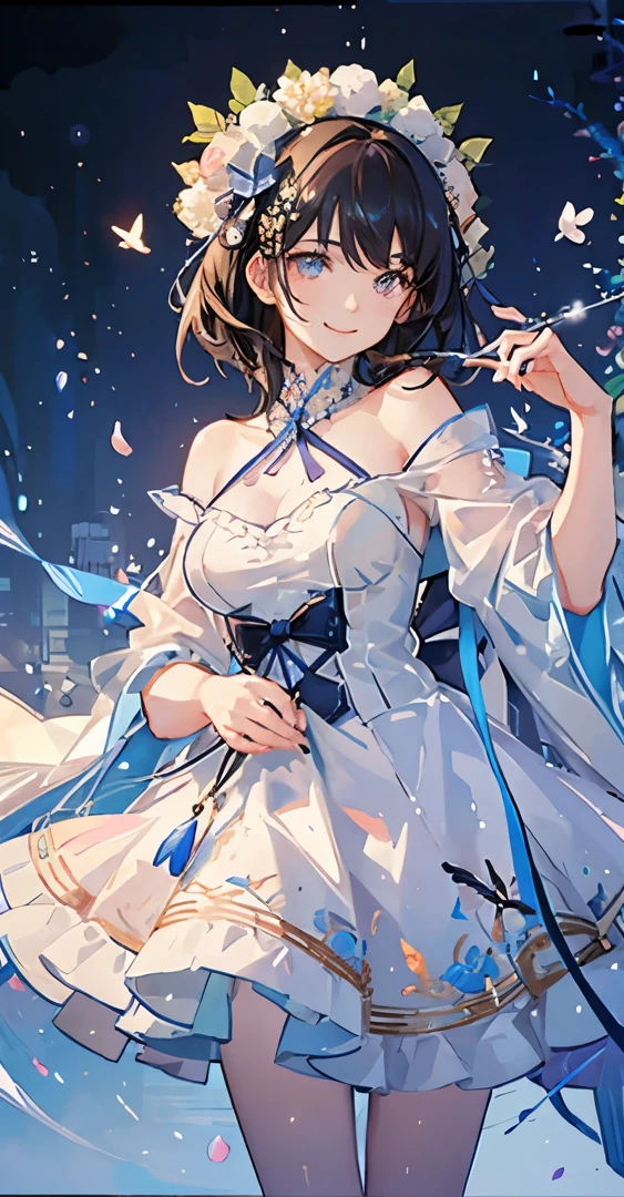 (masutepiece), (Best Quality), Highly detailed, One girl, solo whole body focus,Perfect face, Beautiful face, extra detailed face,(A dark-haired:1.3),(Happy smiling face:1.3),Large flower garden,butterflys々,flower petals,optic,blue-sky