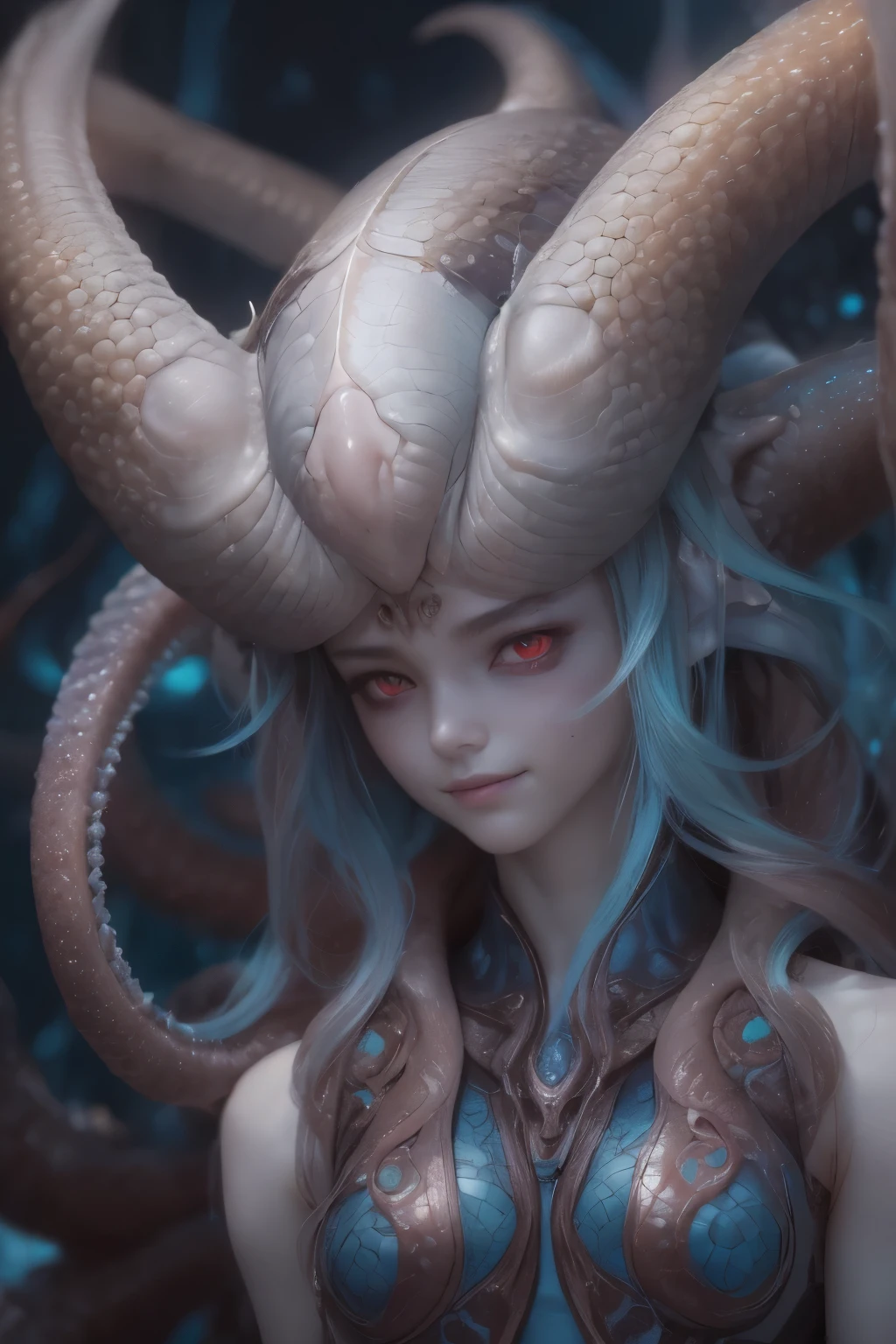 Portrait, (beautiful female alien:1.2), (she has red eyes with no pupils:1.8), (Translucent skin:1.7), (There is a female genital-like organ in the middle of the forehead.:1.9), (The most beautiful face in the history of the universe:1.2),an evil gaze that seduces, (large mouth:1.1), (sharp teeth like a vampire:1.2), Full body like, (bio luminescent:1.5), (Smile wickedly:1.3), (sexypose:1.5), alien, No humans, cells are fused, (Lots of translucent tentacles:1.3) extraterrestrial, cell, bio image, Best Quality, 8K,4K_quality, High Definition, Dramatic Lighting, masutepiece:1.5,cinematic quality, detail up, (Intricate details:1.2), High resolution, High Definition, drawing faithfully, (Thick eyebrows:1.2), Beautiful eyes with fine symmetry,(Highly detailed face and eyes:1.2), Intimate face, (Super detailed skin quality feeling:1.4), Perfect Anatomy, (Beautiful toned body:1.5), (Moist skin:1.2), No makeup, (dark circles:1.1), long canines, cinematic drawing of characters, ultra high quality model, cinematic quality, detail up, (Intricate details:1.2), High resolution, High Definition, drawing faithfully, Official art, Unity 8K wall , 8K Portrait, Best Quality, Very High resolution, ultra detailed artistic photography, midnight aura, unreal enginee 5, Ultra Sharp Focus, art by alberto seveso, ArtGerm, Roisch, intricate artwork, best quality, masutepiece, ultra High resolution, (photos realistic:1.4), Ultra-realistic realism, dream-like, nautilus, Creation of fantasy, Snail, Dream Snail, biopunk nautilus, Thrilling color schemes, Ultra-realistic realism, seductively smiling, Blue tentacles,