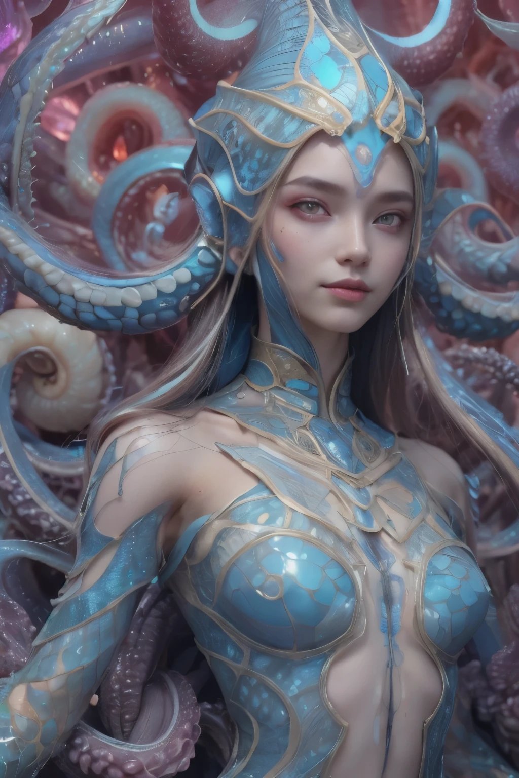Portrait, (beautiful female alien:1.2), (she has red eyes with no pupils:1.8), (Translucent skin:1.7), (There is a female genital-like organ in the middle of the forehead.:1.9), (The most beautiful face in the history of the universe:1.2),an evil gaze that seduces, (large mouth:1.1), (sharp teeth like a vampire:1.2), Full body like, (bio luminescent:1.5), (Smile wickedly:1.3), (sexypose:1.5), alien, No humans, cells are fused, (Lots of translucent tentacles:1.3) extraterrestrial, cell, bio image, Best Quality, 8K,4K_quality, High Definition, Dramatic Lighting, masutepiece:1.5,cinematic quality, detail up, (Intricate details:1.2), High resolution, High Definition, drawing faithfully, (Thick eyebrows:1.2), Beautiful eyes with fine symmetry,(Highly detailed face and eyes:1.2), Intimate face, (Super detailed skin quality feeling:1.4), Perfect Anatomy, (Beautiful toned body:1.5), (Moist skin:1.2), No makeup, (dark circles:1.1), long canines, cinematic drawing of characters, ultra high quality model, cinematic quality, detail up, (Intricate details:1.2), High resolution, High Definition, drawing faithfully, Official art, Unity 8K wall , 8K Portrait, Best Quality, Very High resolution, ultra detailed artistic photography, midnight aura, unreal enginee 5, Ultra Sharp Focus, art by alberto seveso, ArtGerm, Roisch, intricate artwork, best quality, masutepiece, ultra High resolution, (photos realistic:1.4), Ultra-realistic realism, dream-like, nautilus, Creation of fantasy, Snail, Dream Snail, biopunk nautilus, Thrilling color schemes, Ultra-realistic realism, seductively smiling, Blue tentacles,