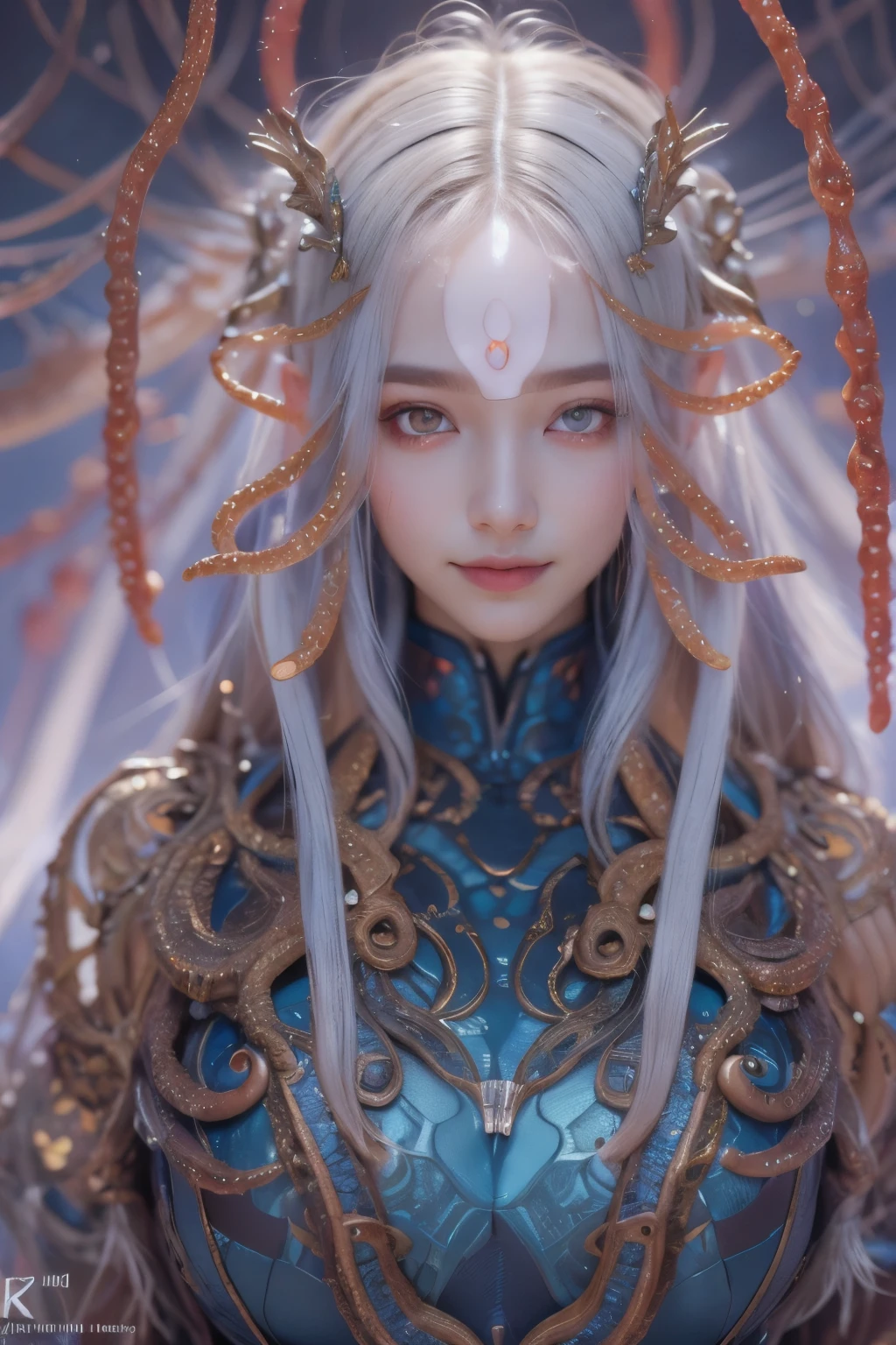 Portrait, (beautiful female alien:1.2),  (she has red eyes with no pupils:1.8), (Translucent skin:1.7),  (There is a female genital-like organ in the middle of the forehead.:1.9), (The most beautiful face in the history of the universe:1.2),an evil gaze that seduces, (large mouth:1.1), (sharp teeth like a vampire:1.2), Full body like, (bio luminescent:1.5), (Smile wickedly:1.3),  (sexypose:1.5), alien, No humans, cells are fused, (Lots of translucent tentacles:1.3) extraterrestrial, cell, bio image, Best Quality, 8K,4K_quality, High Definition, Dramatic Lighting, masutepiece:1.5,cinematic quality, detail up, (Intricate details:1.2), High resolution, High Definition, drawing faithfully, (Thick eyebrows:1.2), Beautiful eyes with fine symmetry,(Highly detailed face and eyes:1.2), Intimate face, (Super detailed skin quality feeling:1.4), Perfect ???????,  (Beautiful toned body:1.5),  (Moist skin:1.2), No makeup, (dark circles:1.1), long canines, cinematic drawing of characters, ultra high quality model, cinematic quality, detail up, (Intricate details:1.2), High resolution, High Definition, drawing faithfully, Official art, Unity 8K wall  , 8K Portrait, Best Quality, Very High resolution, ultra detailed artistic photography, midnight aura,  unreal enginee 5, Ultra Sharp Focus, art by alberto seveso, ArtGerm, Roisch, intricate artwork, best quality, masutepiece, ultra High resolution, (photos realistic:1.4), Ultra-realistic realism, dream-like,  nautilus, Creation of fantasy, Snail, Dream Snail,  biopunk nautilus, Thrilling color schemes， Ultra-realistic realism， seductively smiling, Blue tentacles,
