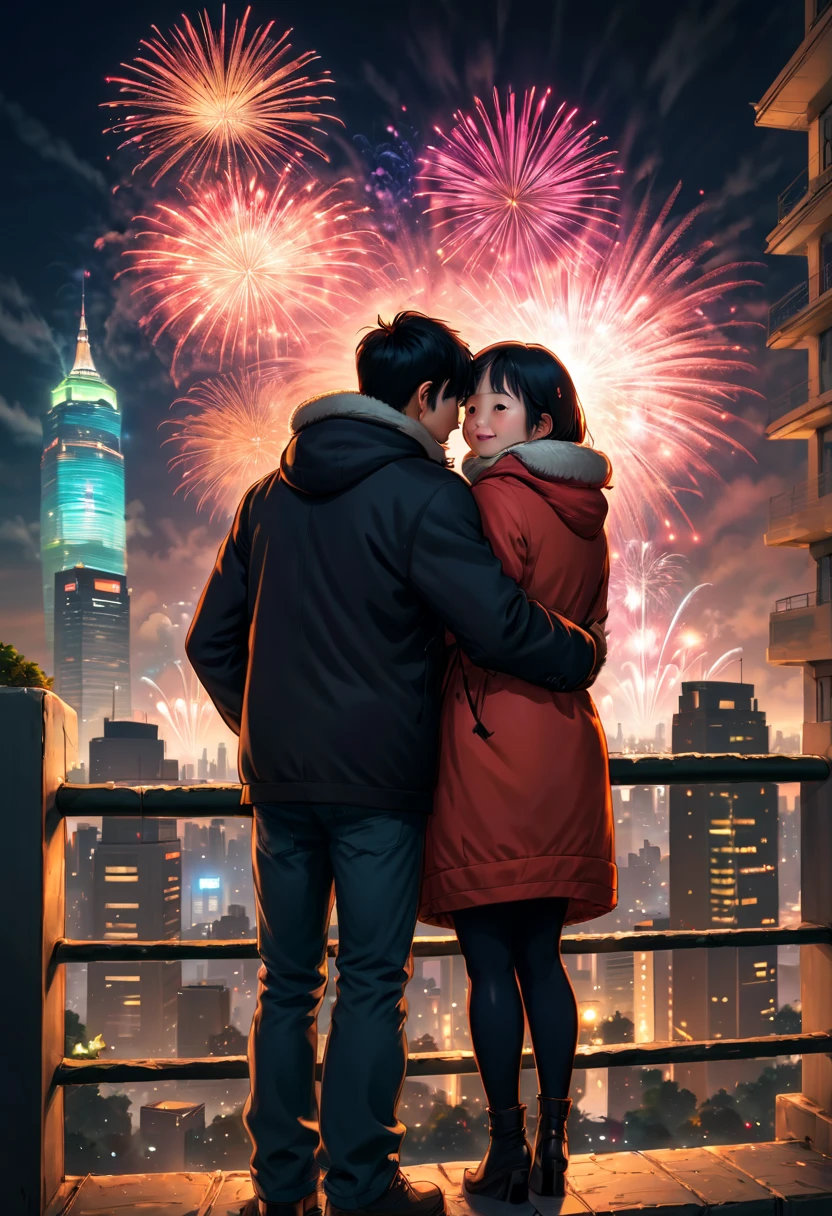 at winter season，((1 couple，hugs，Watching the fireworks in the sky))，(new year)，(concert)，()，(crowd of), (skyscrapper，City night view in the background, Fireworks in the background), illustratio, Warm and joyful atmosphere, illustration, New Year’s Day, 下雪的at winter seasonnew year夜, 可爱illustratio, background artwork, 风格化数字illustratio，(first-person view, pov, Ghibli-like colours, UHD, masterpiece, ccurate, anatomically correct, textured skin, super detail, high details, high quality, best quality, 8k)