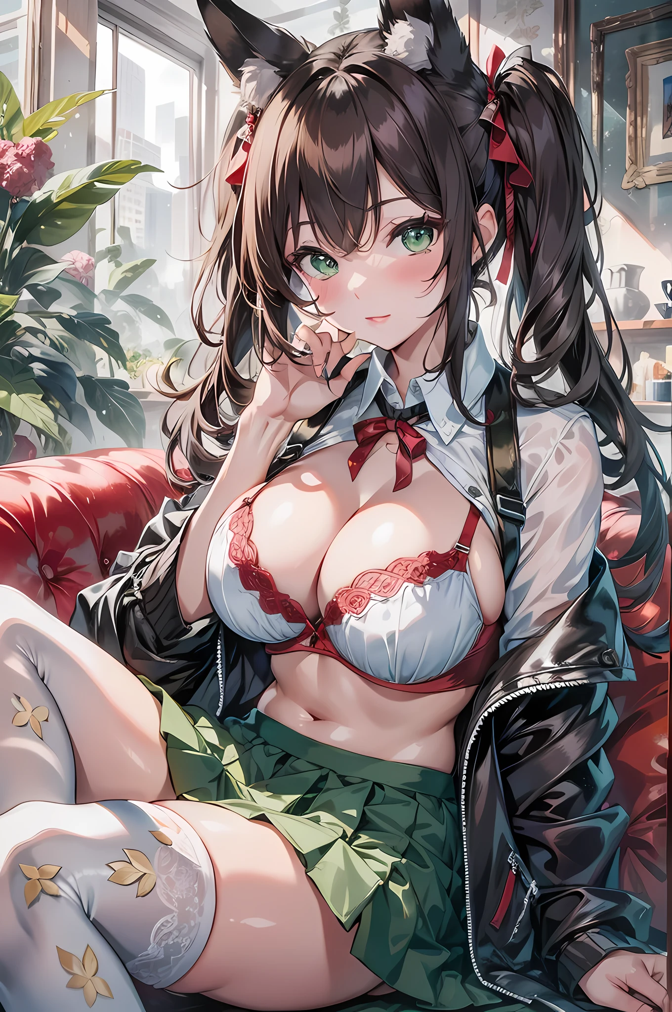 absurd, 8K, high resolution, Ultra-detailliert, beautiful, Meisterwerk, best quality, very pretty woman, Jung, Braunes Haar, twintails, Cross-legged, Fuchsohren, (Immobilienmakler1.6), green pleated skirt, white knee socks, (roter BH), White blouse, (green eyes), (very large breasts:1.4), detailliertes Frauengesicht, Sehr attraktiv,