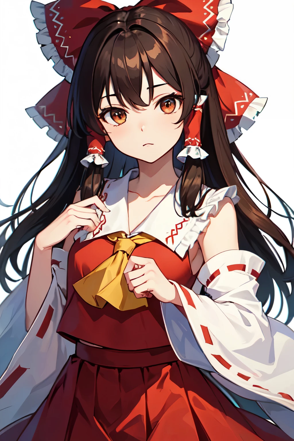 detailed background, masterpiece, best quality, 1girl, hakurei reimu, brown hair, hair tubes, hair ribbon, brown eyes, touhou project, white background