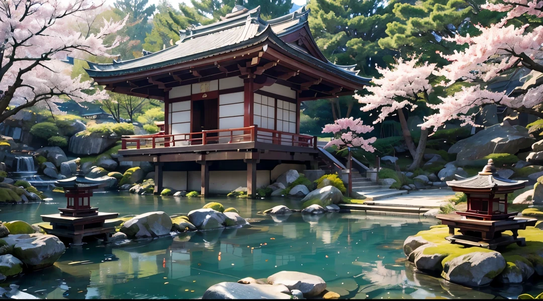 best quality,highres,realistic,ultra-detailed,pagoda,set in a tranquil,serene japanese garden,japanese architecture,beautifully carved woodwork,intricate details,traditional japanese style,ornate rooftops,soft natural lighting,subtle shadows,delicate cherry blossom trees,sakura petals floating in the air,majestic presence,tall and grand structure,ancient and sacred,touch of nostalgia,peaceful atmosphere,authentic cultural symbol,harmonious combination of nature and man-made beauty,serene reflection pond with koi fish,zen elements,serene stone pathway leading to the pagoda