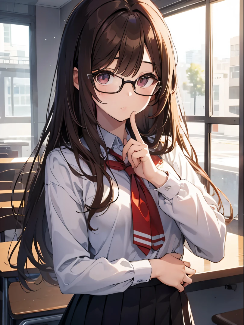 1人の女性、brown haired(Curta)、Brown eyelack-rimmed glasseest Quality、ultra-detailliert、8K resolution、Raw photo、masutepiece、gorgeous faces、Perfect body、schoollazer Uniform