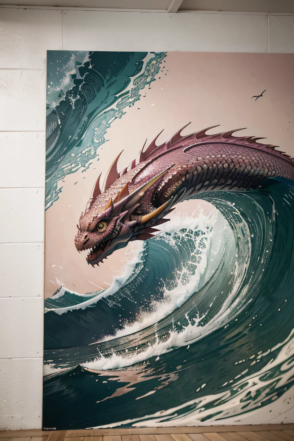 pink dragon in the waves art print, in the style of kōji morimoto, neo-traditional japanese, john blanche, murals and wall drawings, tyler walpole, intense close-ups, absurdist --ar 71:128 --stylize 750 --v 5. 2