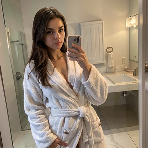 (best quality, masterpiece1.2), intricate detail, sexy woman, selfie from bathroom mirror, in a bathrobe, covered in a towel, in a Christmas themed bathrobe