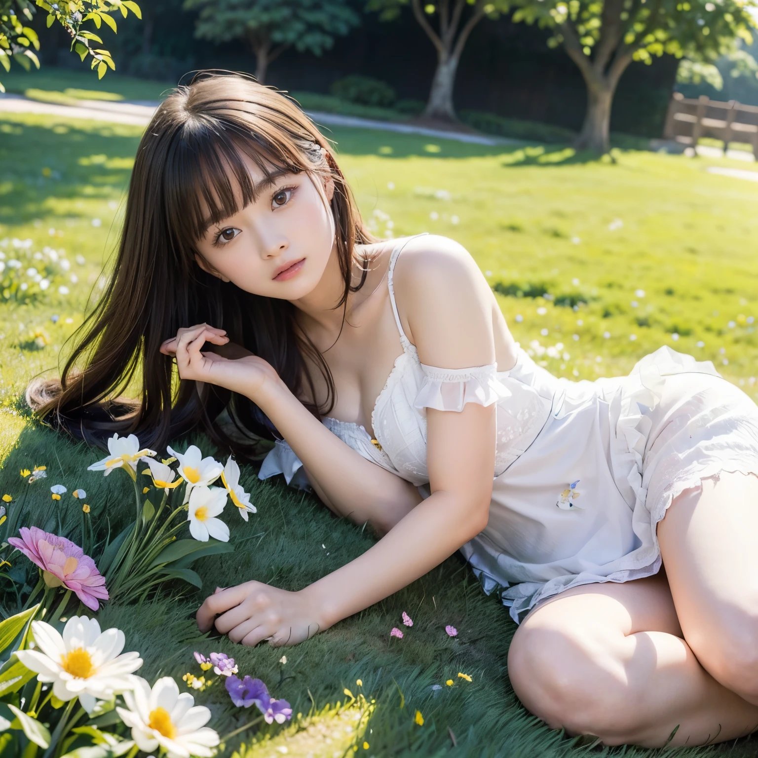 (A girl lying comfortably in the garden with her arms and legs spread apart、green grass and blooming flowers、peaceful ambiance)、(top-quality、8K分辨率、​masterpiece: 1.2)、(vivd colour、Pictorial style)、(Soft natural light、shadows and highlights)、Look only at the viewer