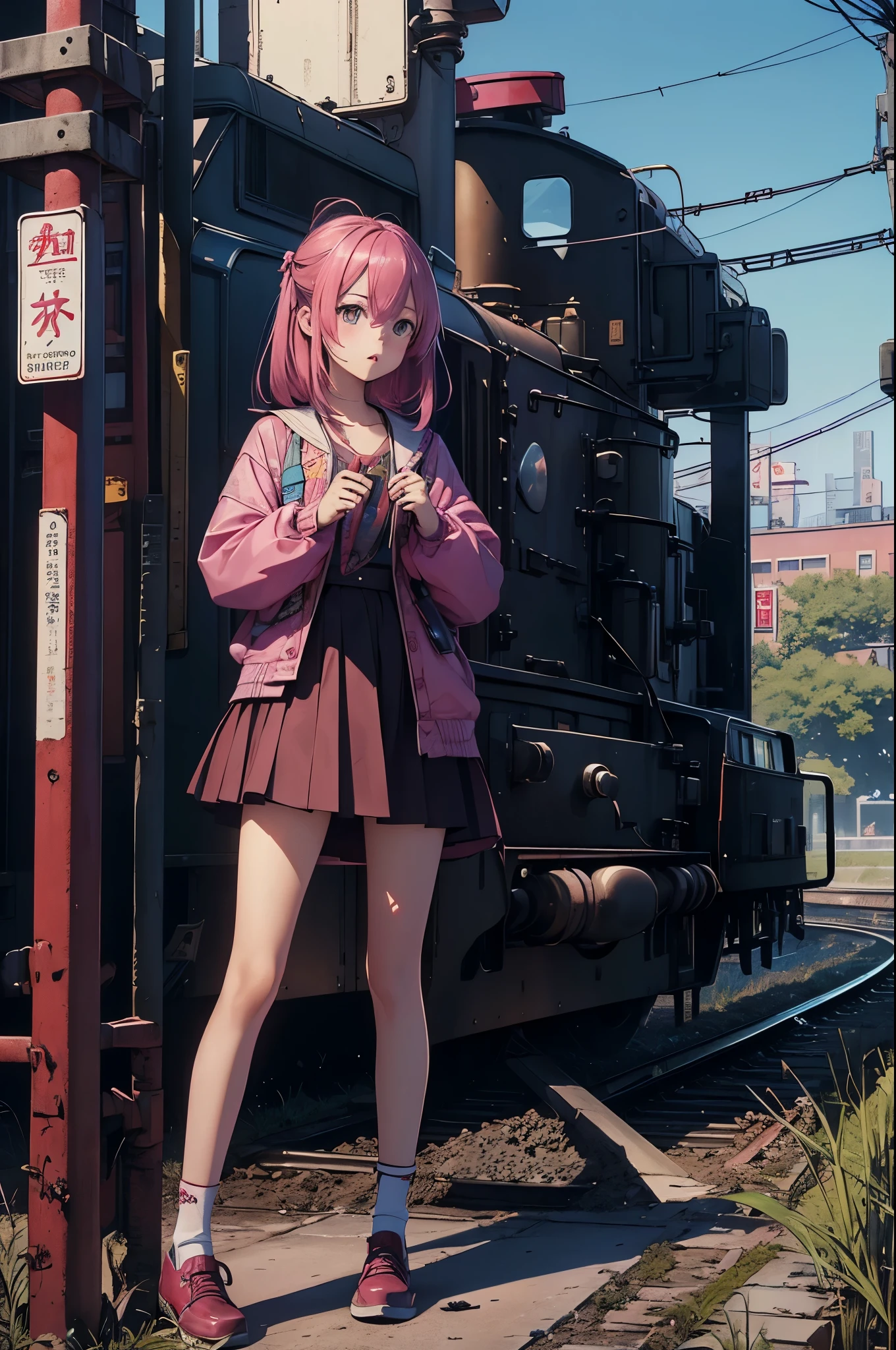 magenta tint、Vibrant colors、((tmasterpiece)))、(((quality)))、((ultra - detailed))、(Surreal)、(Very detailed CG illustration)、offcial art、CD cover、midsummer、The glorious 1980s、1 girl,Cool beauty、pretty eyes,incomparable beauty、Hair color、jaqueta de couro、Superskirt、student shoes,perfect angle、Perfectcomposition、(natta,trains,Yunxia),