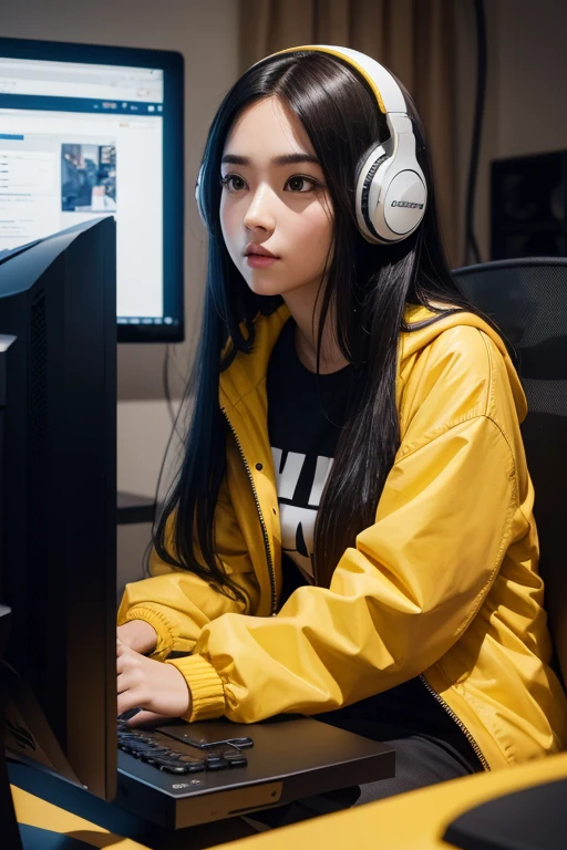1girl, sitting, close up, YouTuber, looking for something, candid, long black hair, in computer desk, brown eyes, black shirt, yellow jacket, wearing headphone, studio, high res, ultrasharp, 8K, masterpiece