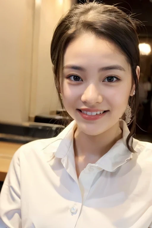((Highest quality、masterpiece、8k、Best image quality、Hyperrealism、Award-winning works)), One Girl,  Big Breasts (Elegant lace blouse: 1.1), Very beautiful face, Delicate eyes, double eyelid, smile, Home, (Face close-up:1.1)