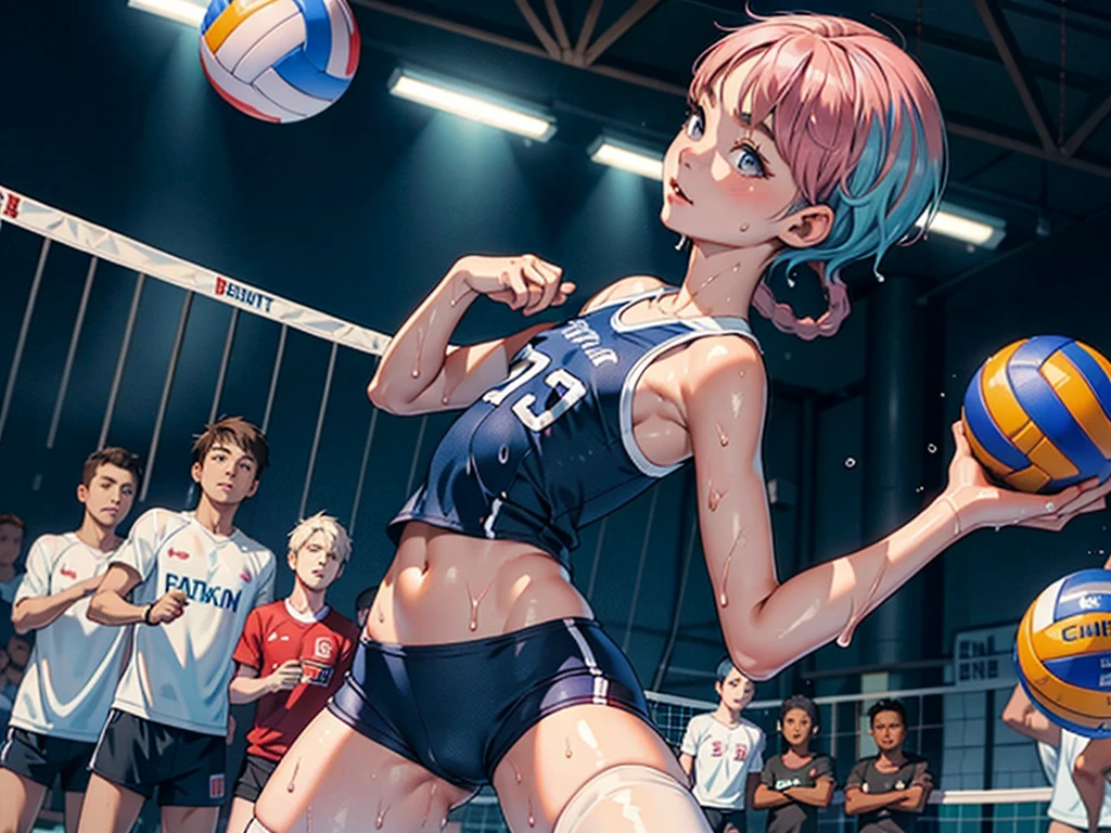 masterpiece, best quality, high resolution, ultra-detailed, perfect face, slender perfect body, Tight belly, Toned buttocks, Constricted waist,(((5 boy to race))), ,(pink:-1.5) (blue:-1.5) hair, (braided short hair), shy son, short stature, small titlom indoor volleyball court), (volleyball athlete), small tits, short pants spats show off, short pants,(Cameltoe), spats, focus, looking at viewer, (wet:1.4) hair and skin, volleyball,((covered erectile clothes)),((very wide shot )),(back shot), penis, testicles