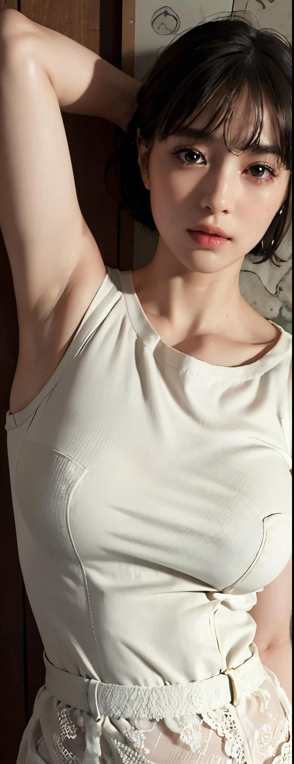 (Ultra Realistic), (Illustration), (High Resolution), (8K), (Very Detailed), (Best Illustration), (Beautiful Detailed Eyeest Quality), (Ultra Detail), (Masterpiece), (Wallpaper), (Detailed Face), Night, Upper Body Up,Armpits, Cream,Short Hair, hospital nurse outfit very short,Solo, Sweaty, Japan Person, Big Tits, (Camel Toe),oily realastic skin