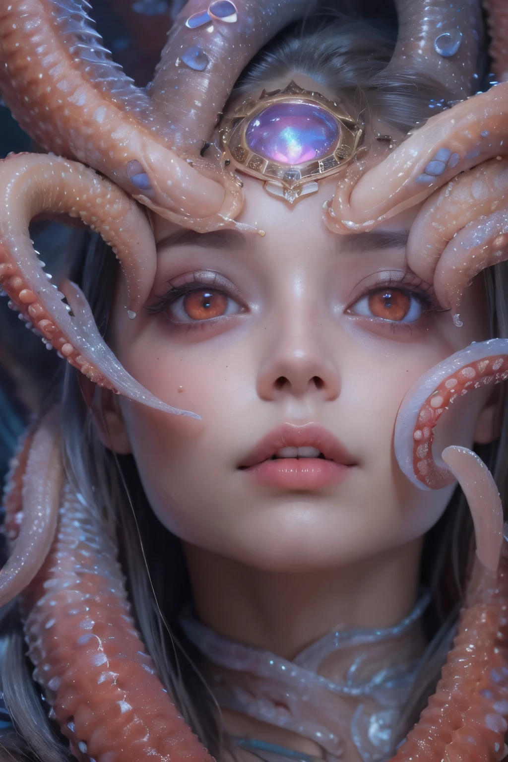 Portrait, (beautiful female alien:1.2), (she has red eyes with no pupils:1.8), (Translucent skin:1.7), (There is a female genital-like organ in the middle of the forehead.:1.9), (The most beautiful face in the history of the universe:1.2),an evil gaze that seduces, (large mouth:1.1), (sharp teeth like a vampire:1.2), Full body like, (bio luminescent:1.5), (Smile wickedly:1.3), (sexypose:1.5), alien, No humans, cells are fused, (Lots of translucent tentacles:1.3) extraterrestrial, cell, bio image, Best Quality, 8K,4K_quality, High Definition, Dramatic Lighting, masutepiece:1.5,cinematic quality, detail up, (Intricate details:1.2), High resolution, High Definition, drawing faithfully, (Thick eyebrows:1.2), Beautiful eyes with fine symmetry,(Highly detailed face and eyes:1.2), Intimate face, (Super detailed skin quality feeling:1.4), Perfect Anatomy, (Beautiful toned body:1.5), (Moist skin:1.2), No makeup, (dark circles:1.1), long canines, cinematic drawing of characters, ultra high quality model, cinematic quality, detail up, (Intricate details:1.2), High resolution, High Definition, drawing faithfully, Official art, Unity 8K wall , 8K Portrait, Best Quality, Very High resolution, ultra detailed artistic photography, midnight aura, unreal enginee 5, Ultra Sharp Focus, art by alberto seveso, ArtGerm, Roisch, intricate artwork, best quality, masutepiece, ultra High resolution, (photos realistic:1.4), Ultra-realistic realism, dream-like, nautilus, Creation of fantasy, Snail, Dream Snail, biopunk nautilus, Thrilling color schemes, Ultra-realistic realism, seductively smiling, Blue tentacles,