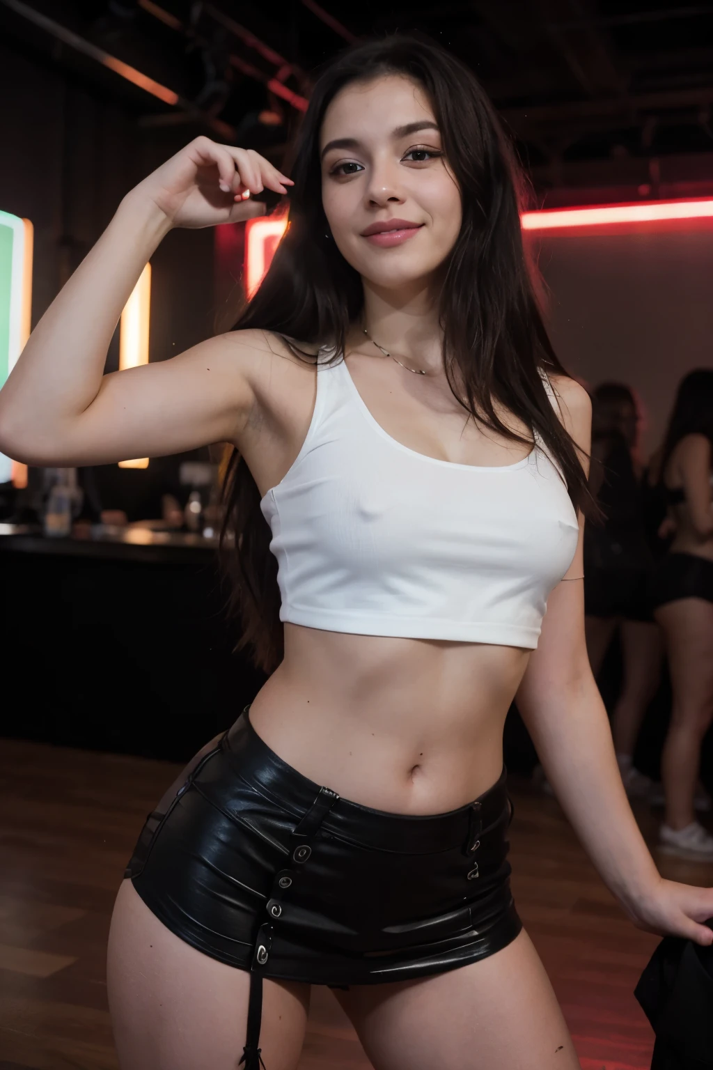 16k, ultra high quality, detailed, masterpiece, detailed masterpiece, 18 year old girl, long black hair, in club, dancing, neon, dark club, techno, miniskirt on, crop top on, pleased face, orgasmic face