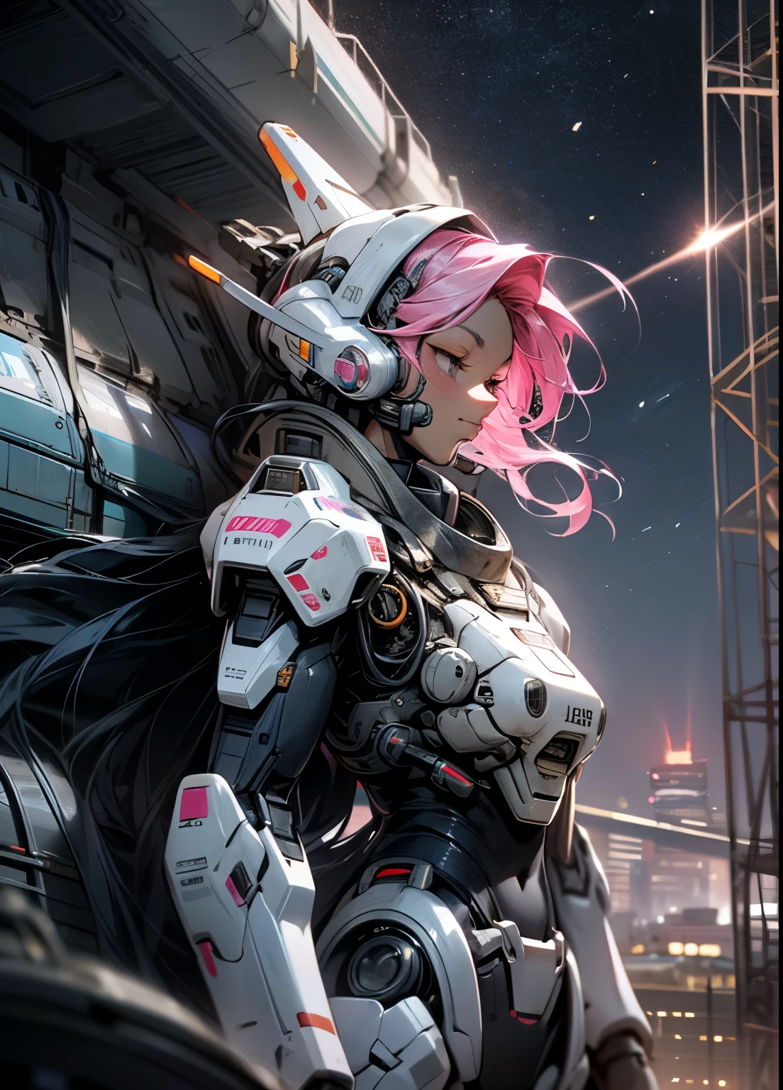 Cosmos, Meteor, Space Station, Glow, Robot, Mecha Girl, Pink Hair, Architecture, glowing_eyes, Mecha, Science Fiction, City, Reality, Mecha