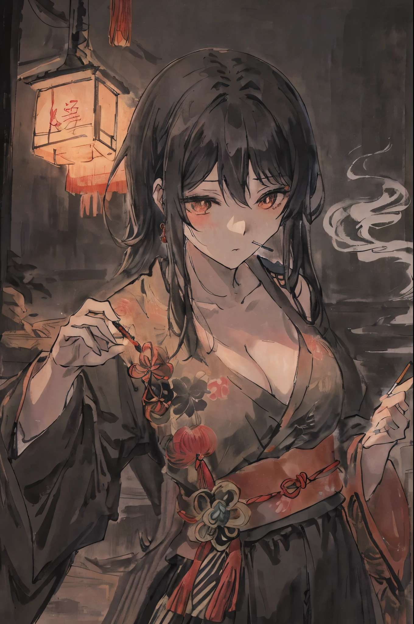 murky、a giターのケースを背負って道を歩く、woman smoking cigarette、Dark atmosphere、独奏、a gi