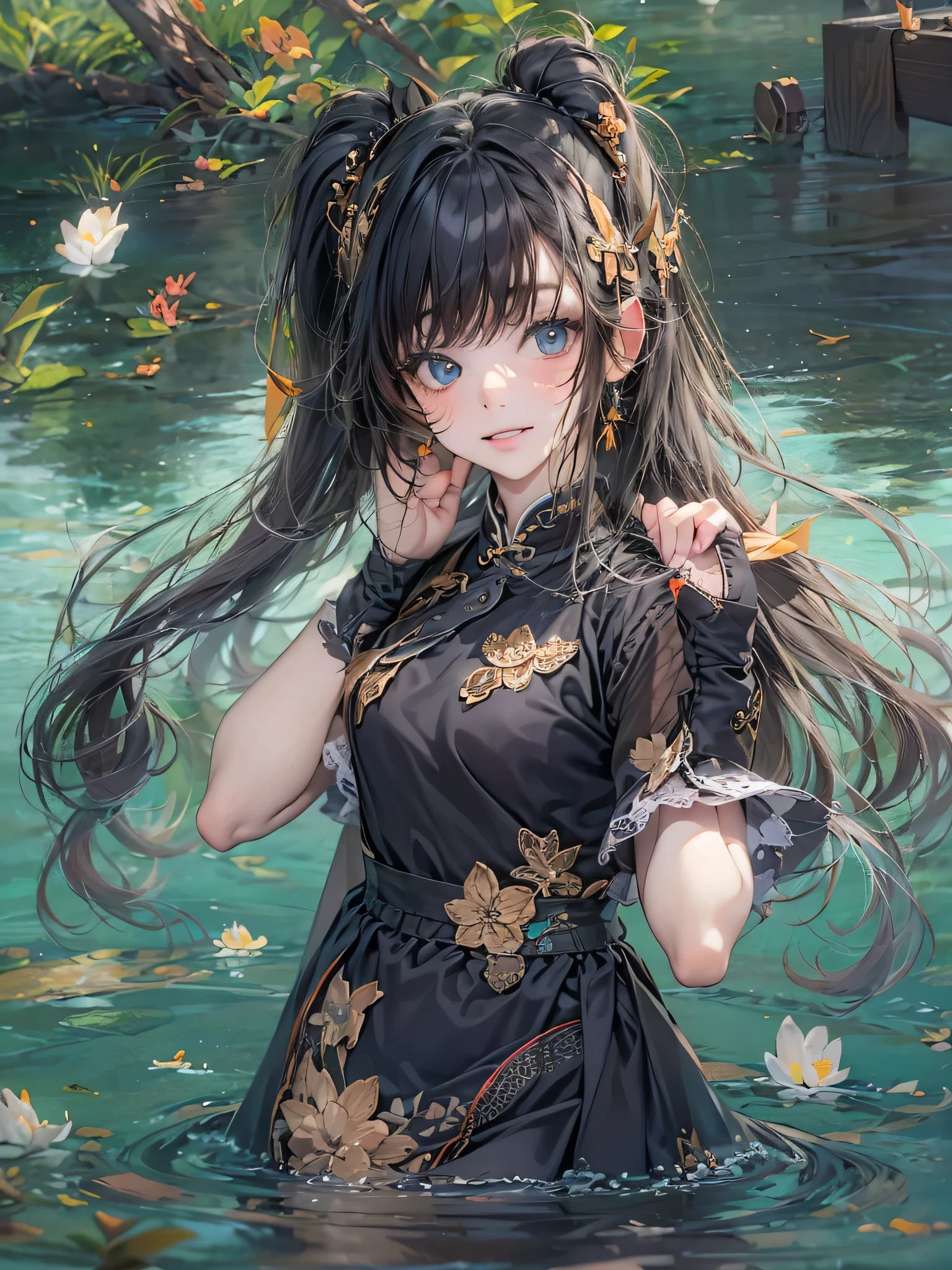  girl solo, Spoiled face,  Black twin tail hair, Black Cheongsam, standing by the lake