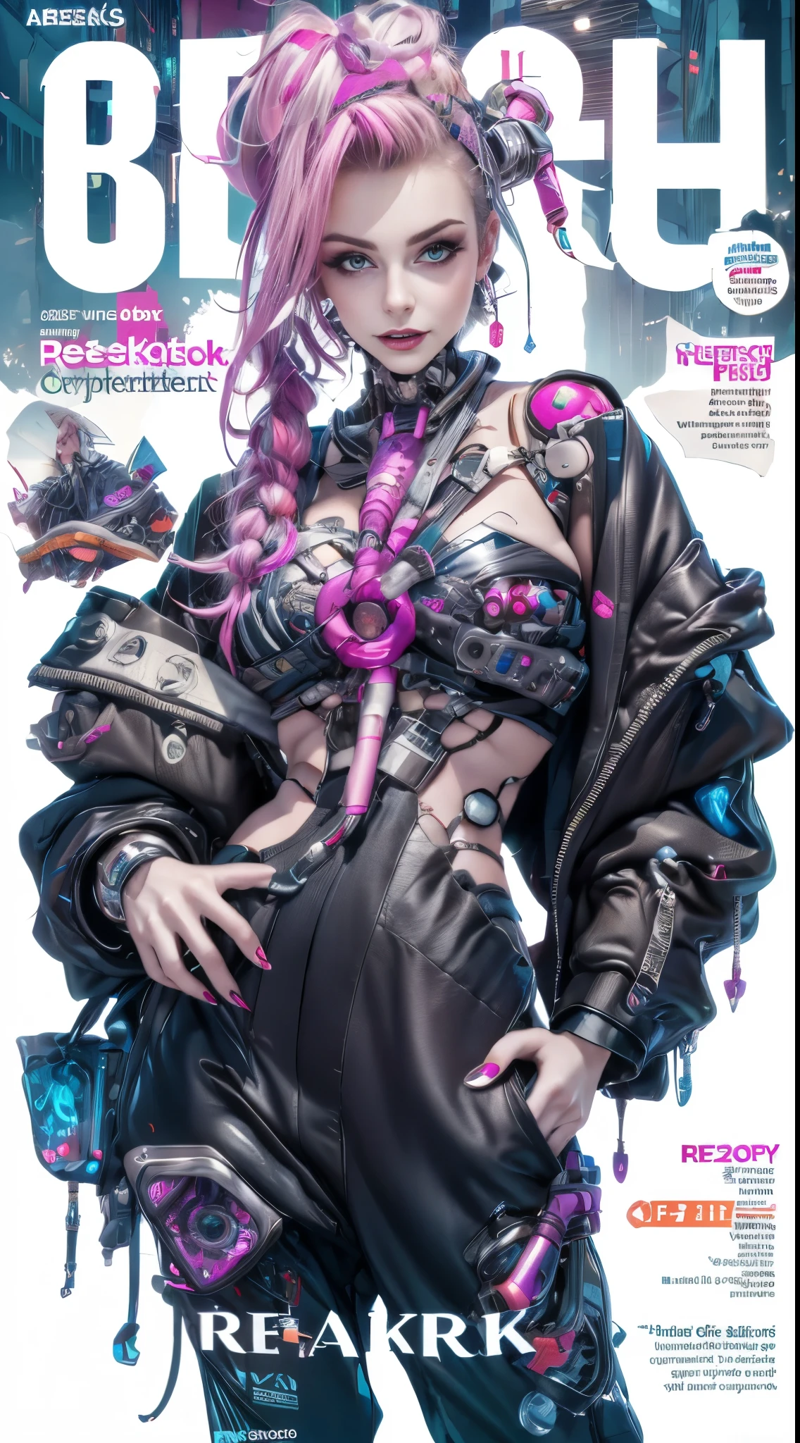 Magazine cover of smiling sexy beautiful Cyberpunk girl, porno magazine, text, (cybernetic implants), NSFW