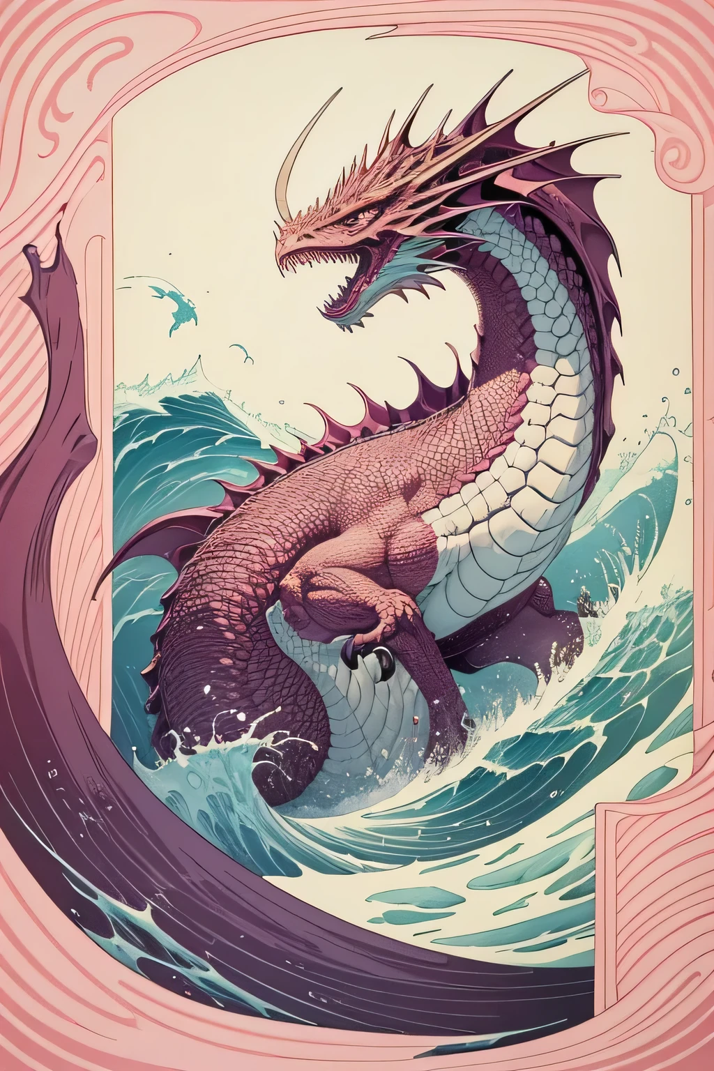 pink dragon in the waves art print, in the style of kōji morimoto, neo-traditional japanese, john blanche, murals and wall drawings, tyler walpole, intense close-ups, absurdist --ar 71:128 --stylize 750 --v 5. 2