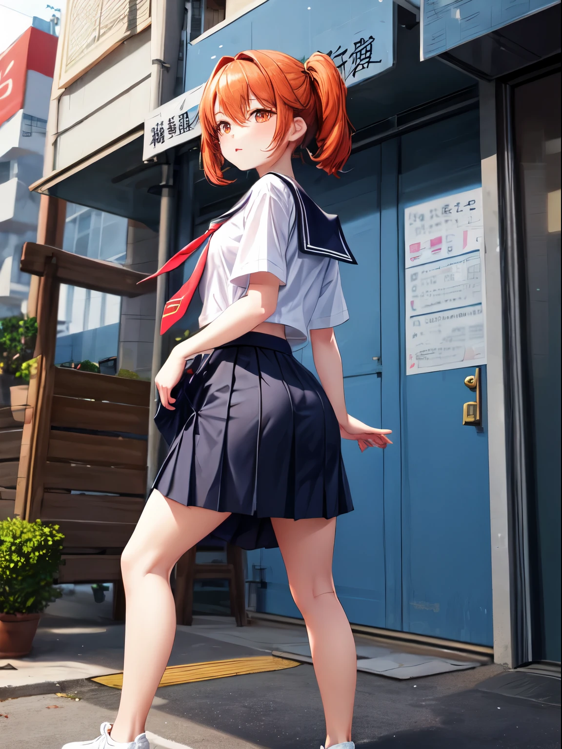 独奏, 1girl in, ​masterpiece, top-quality, skirt by the,、red eyes, hair between eye, Twin-tailed, student clothes, is standing, white  shirt, panthyhose, Red-haired, プリーツskirt by the, neck tie, shoe, Sailor Fuku, tusk, orange color hair, 青いskirt by the, Orange eyes, 黒いpanthyhose, Pee、Pee、Urge to urinate、Inner Stock、I'm slow