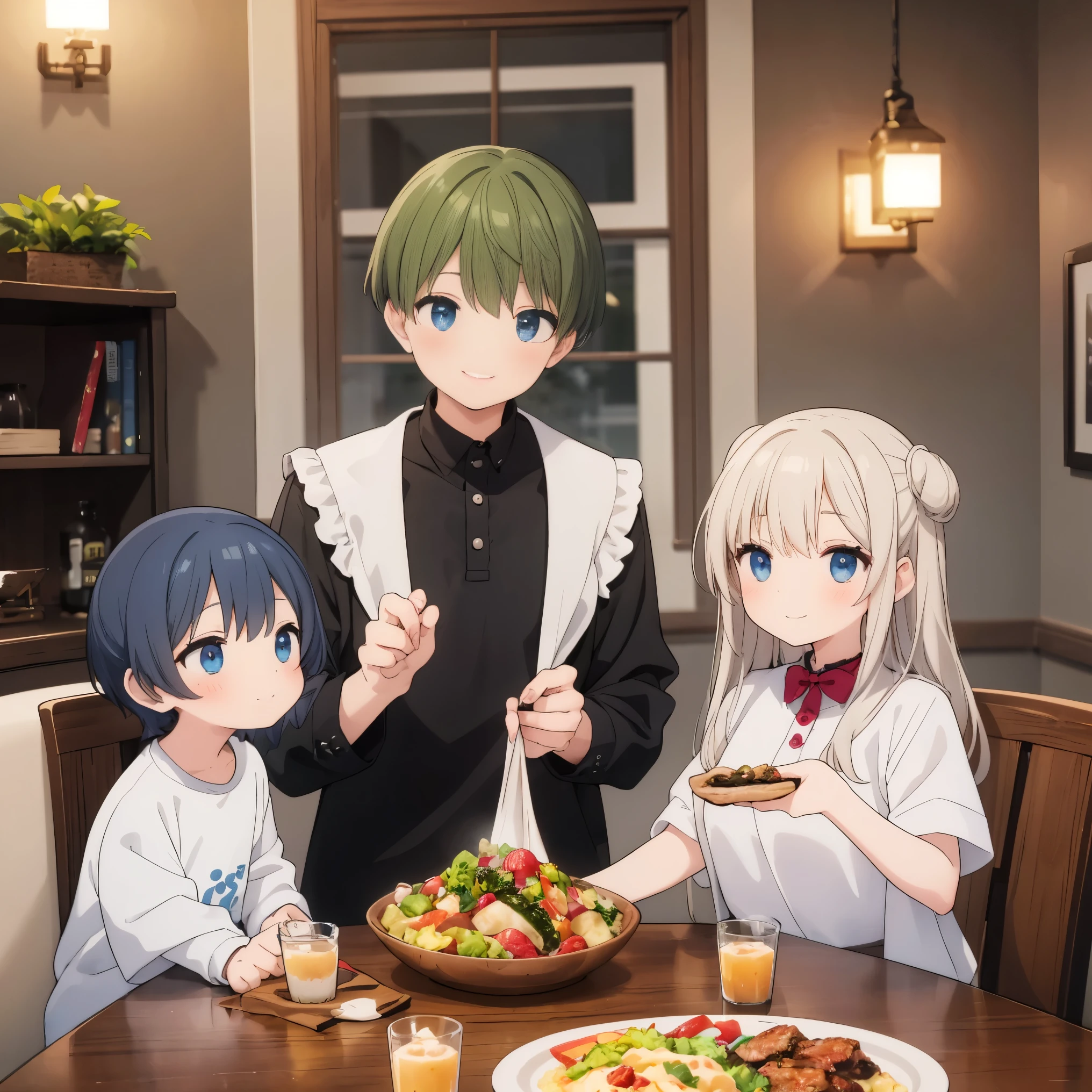 top-quality，in 8K，｛2 children，2 adults｝｛2 elementary school students，husband and wife１group｝Full limbs，complete fingers，platinum green short hair，In the living room，show off a family dinner   ，Stushroom meals｛child showing off a smile｝，《Adorable face》