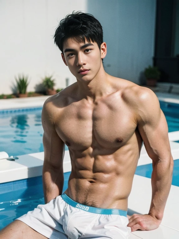 arafed boy in a wet and transparent white hip boxer brief, Full Body Shoot, Quiff haircut, look at camera, detailed facial parts, Manly, Bad Boy, Pool background, Sexy Pose, sex manaice, perfect anatomy, symmetric body, asian boy 19 years old, shirtless :: high detail, asian, sexual, a little six packs attractive body, realistic, Short Hairstyle, handsome chad chin, shirtless, handsome, attractive, sexy boy, Pubic hair, masculine, sexually attractive (eyes contact), Gay, Handsome, Attractive, big bulge in hip brief , fat buttock