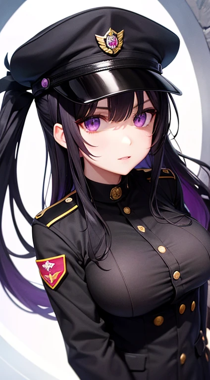 purplblack military cap, long black hair, breast, black military uniform, black sclera, purple eyes