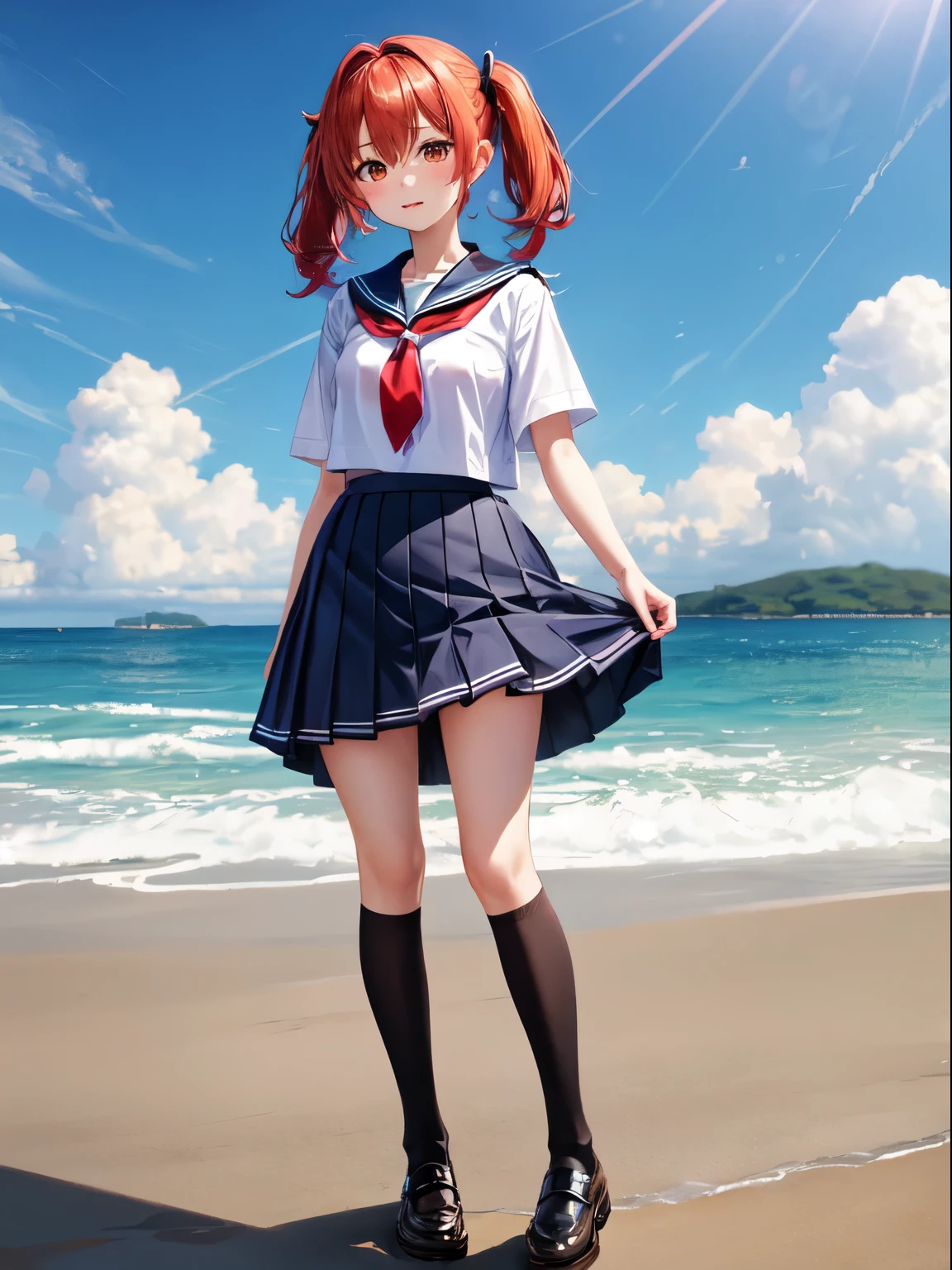 独奏, 1girl in, masterpiece, top-quality, skirt by the,、red eyes, hair between eye, Twin-tailed, student clothes, is standing, white shirt, panthyhose, Red-haired, プリーツskirt by the, neck tie, shoe, Sailor Fuku, tusk, orange color hair, 青いskirt by the, Orange eyes, 黒いpanthyhose, Pee、Pee、Urge to urinate、Inner Stock、I'm slow