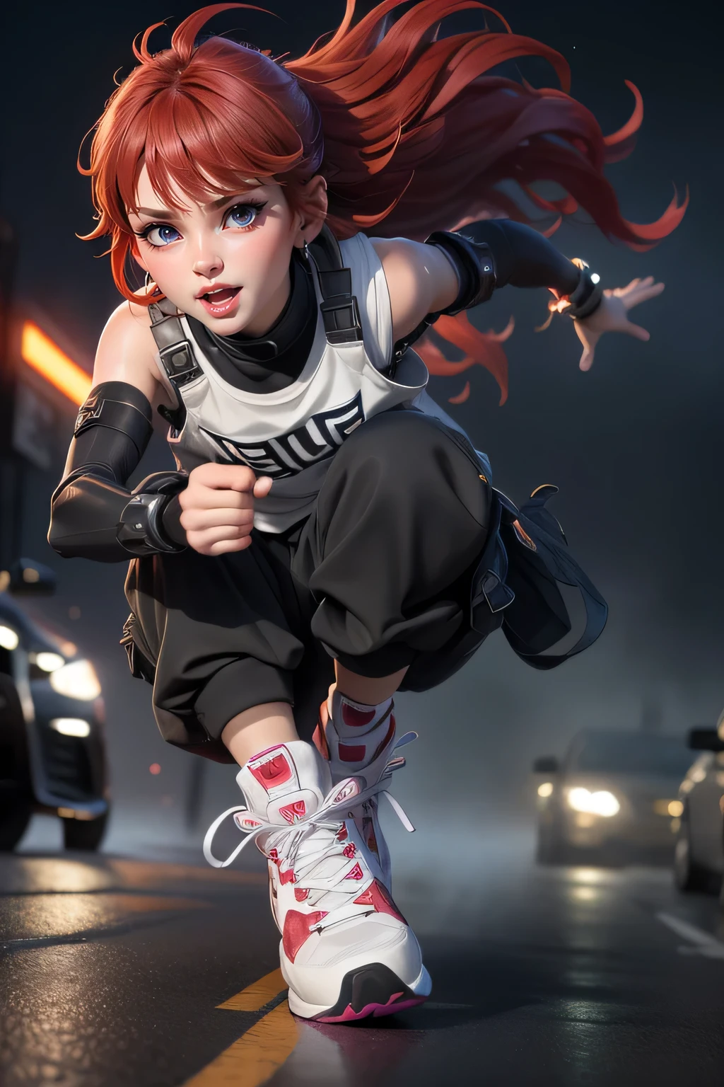 Dance、Artistic jump、break dance、Strenuous movements、vibrancy、Cyberpunk Style、Blade Runner vibe、Steam flows from exhaust outlets on the road surface、The road surface is wet、独奏、Fluttering hair、Cute Baby Turtle、Beautuful Women、a small face、white skinned、hason、young 17 years old、Bright smile、half-open mouth、White teeth are visible、(Gradient of black-red hair、Long messy hair)、(cargo pants、vests、White sneakers)、(delicate detailed fingers、Detailed body、detailed arms、human hand)、(Detailed face) 、(8K、top-quality: 1.4、tmasterpiece、 hyper HD、 Top resolution,、The is very detailed、 profesional lighting、 Gray light illumination、low angle from below、Blow steam into the landscape、Fog in the landscape、Foggy.