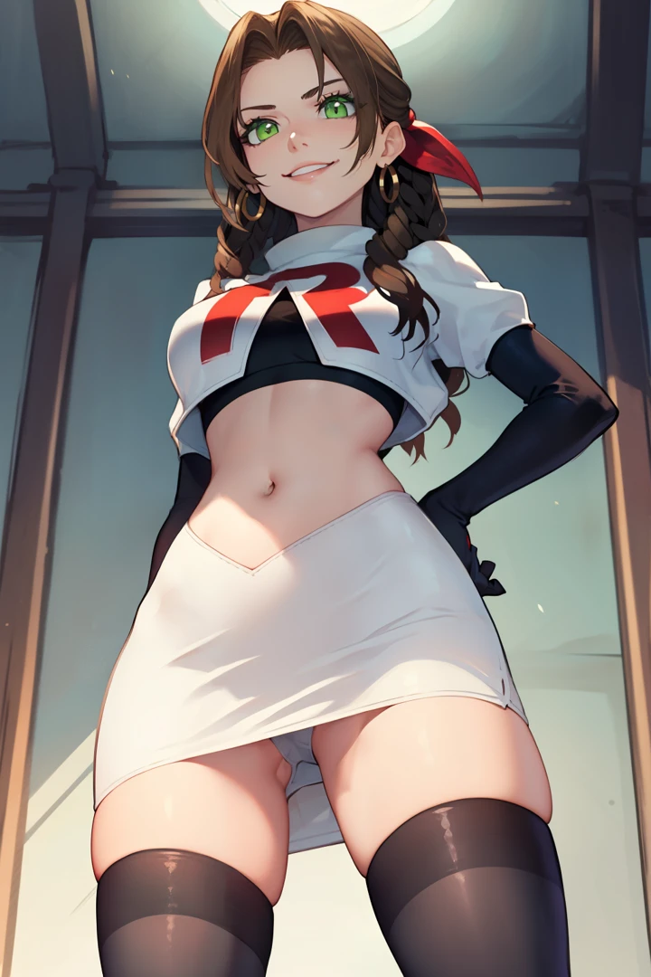 aerith gainsborough, green eyes ,glossy lips, light makeup, eye shadow, earrings ,team rocket,team rocket uniform, red letter R, white skirt,white crop top,black thigh-high boots, black elbow gloves, evil smile , looking down on viewer, pantie shot, hands on hips