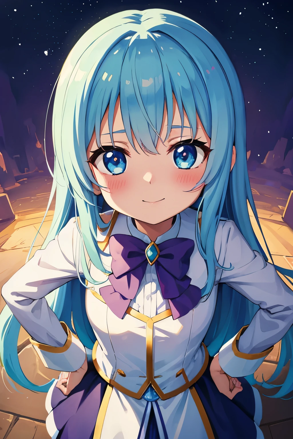 Winters.girl with.light Blue hair.long hair.Magical girl costume.a junior high school student.short stature.a smile.Look at viewers.put hands on the hip.look from above.magic circles.