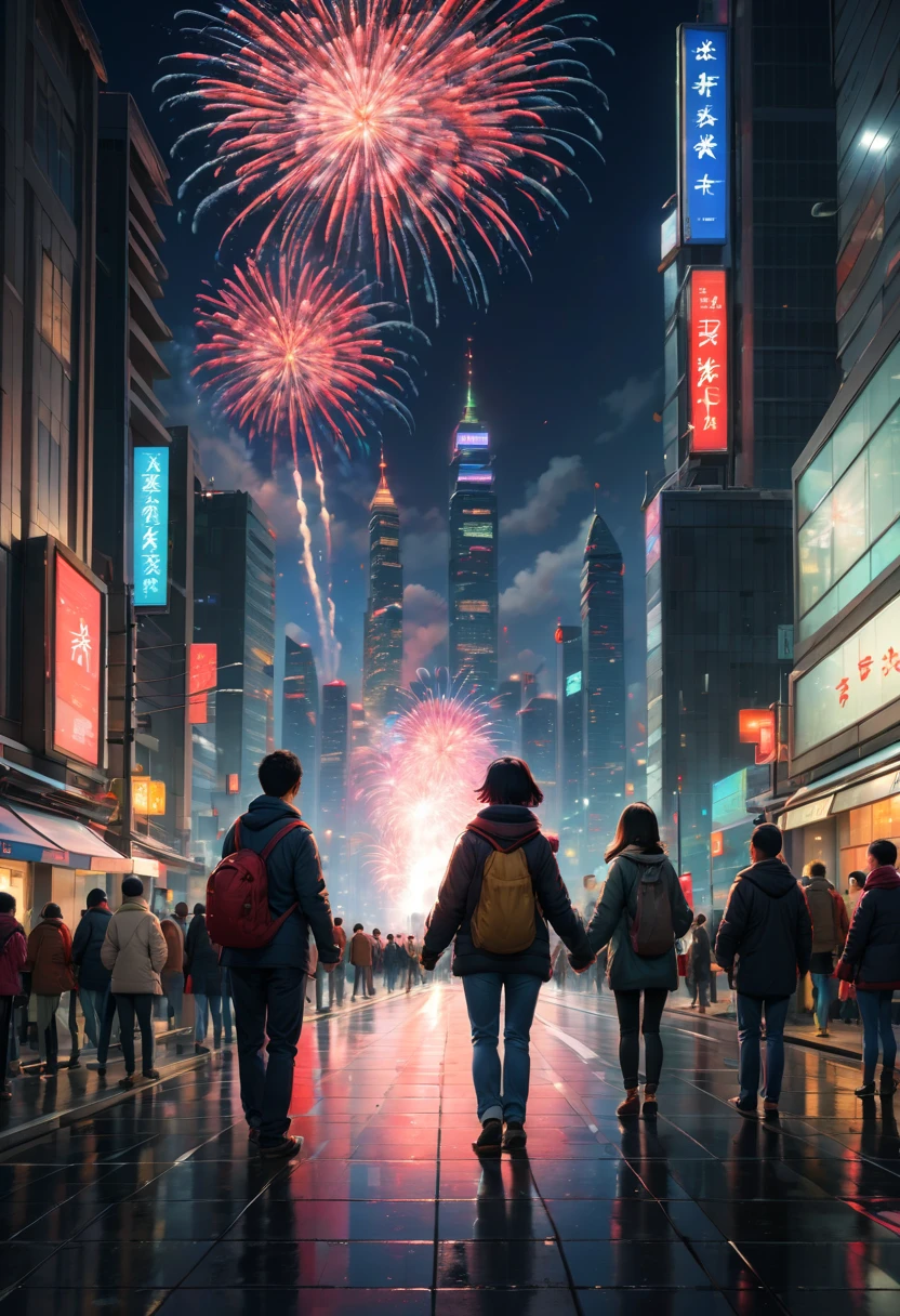 at winter season，((1 couple，hugs，Watching the fireworks in the sky))，(new year)，(concert)，()，(crowd of), (skyscrapper，City night view in the background, Many fireworks in the background), illustratio, Warm and joyful atmosphere, illustration, New Year’s Day, 下雪的at winter seasonnew year夜, 可爱illustratio, background artwork, 风格化数字illustratio，(first-person view, pov, Ghibli-like colours, UHD, masterpiece, ccurate, anatomically correct, textured skin, super detail, high details, high quality, best quality, 8k)