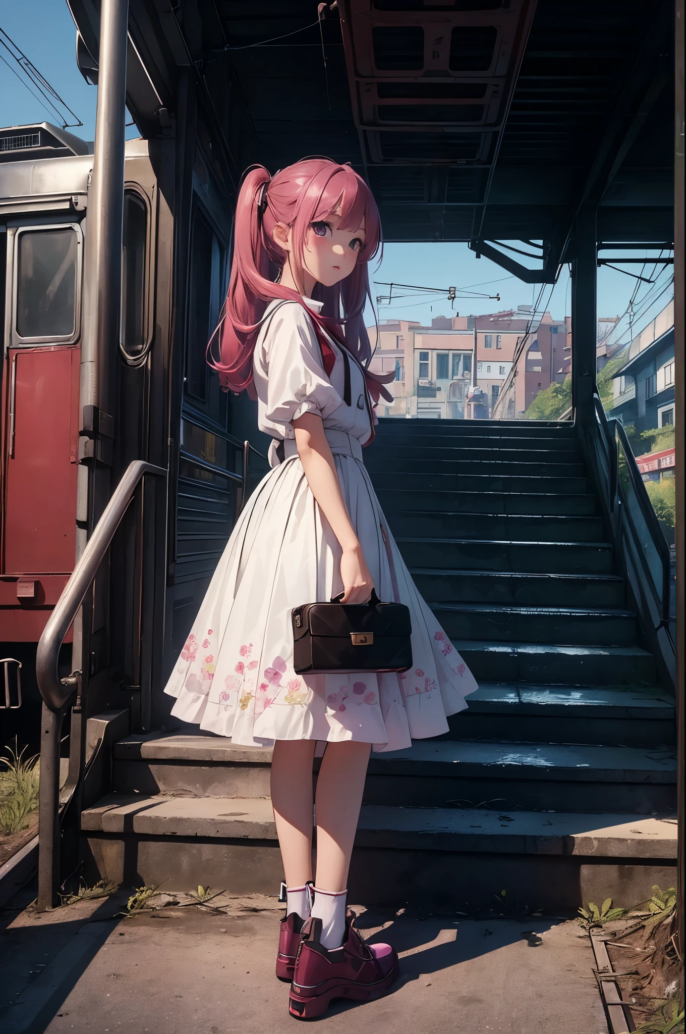 magenta tint、vivd colour、((tmasterpiece)))、(((quality)))、((ultra - detailed))、(Surreal)、(Very detailed CG illustration)、offcial art、CD cover、midsummer、The glorious 1980s、1 girl,Cool beauty、pretty eyes,incomparable beauty、Hair color、jaqueta de couro、Superskirt、student shoes,perfect angle、Perfectcomposition、(natta,staircase,trains,Yunxia),