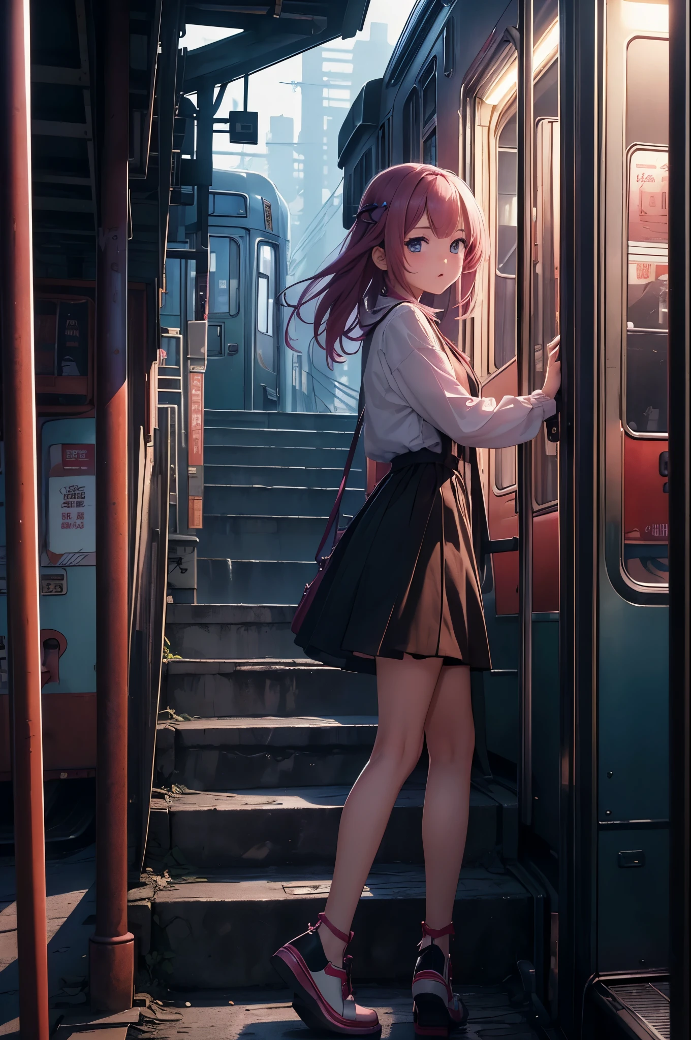Abandoned train station Girl walking alone on the tracks The wind ruffled her hair