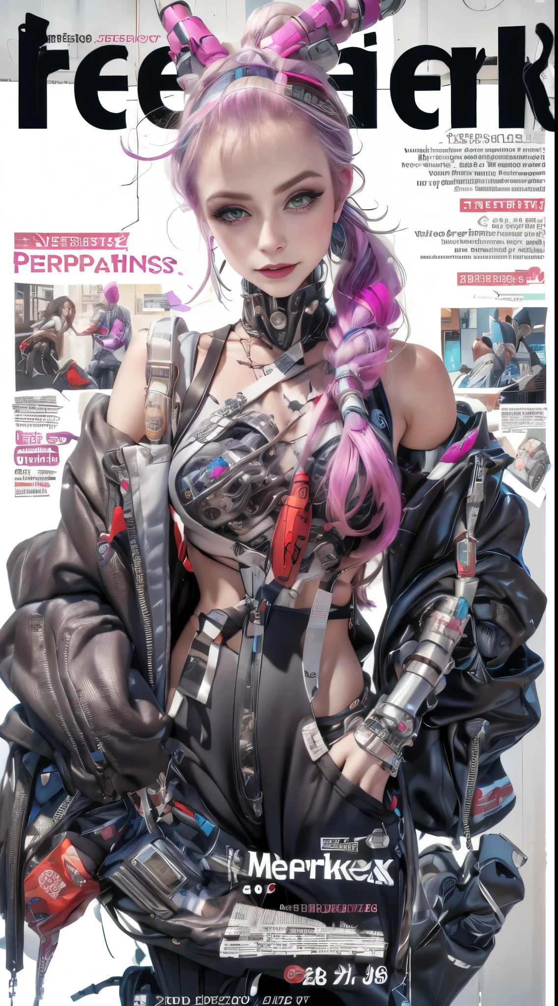 Magazine cover of Cyberpunk girl, fashion magazine, text, cybernetic implants, NSFW