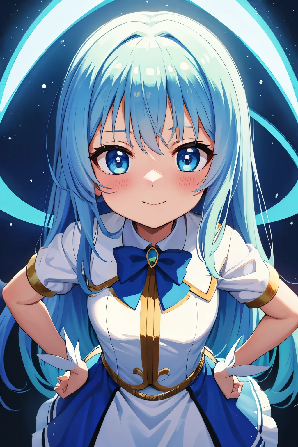 Winters.girl with.light Blue hair.long hair.Magical girl costume.a junior high school student.short stature.a smile.Look at viewers.put hands on the hip.look from above.magic circles