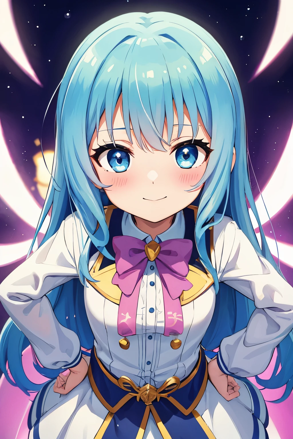 Winters.girl with.light Blue hair.long hair.Magical girl costume.a high school studen stature.a smile.Look at viewers.put hands on the hip.look from above.magic circles