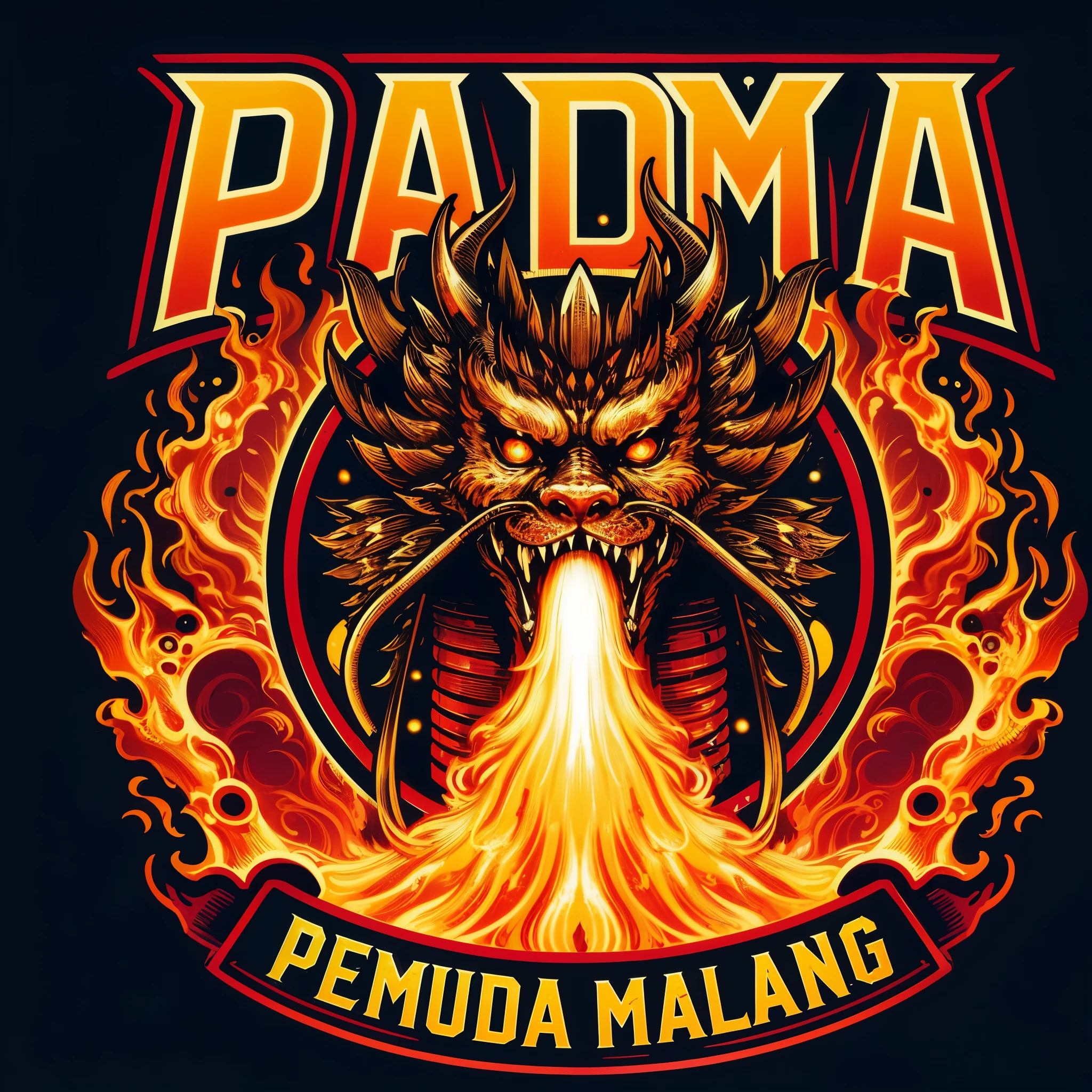 8k, hyperdetail, generate a logo of dragon head with fireball arround it, add text:padma at the top of the picture, bottom picture addtext:pemuda malang. masterpiece, best quality:1.2),,(8k,highres,RAW photo,realistic,photo-realistic:1.3),(detailed skin texture,detailed cloth texture,beautiful detailed face:1.25),professional lighting,photon mapping,beautiful soft light,radiosity,physically-based rendering,raytracing, model shoot style, model shoot style, (extremely detailed CG unity 8k wallpaper), full shot body photo of the most beautiful artwork in the world,