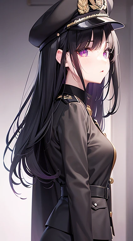 black military cap, long black hair, breast, black military uniform, black sclera, purple eyes