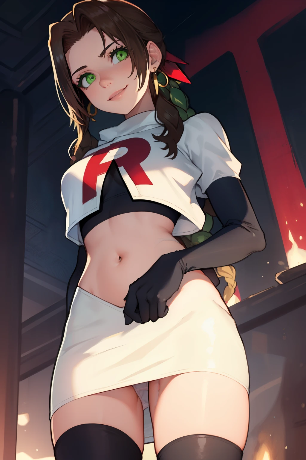 aerith gainsborough, green eyes ,glossy lips, light makeup, eye shadow, earrings ,team rocket,team rocket uniform, red letter R, white skirt,white crop top,black thigh-high boots, black elbow gloves, evil smile , looking down on viewer, pantie shot, arms folded