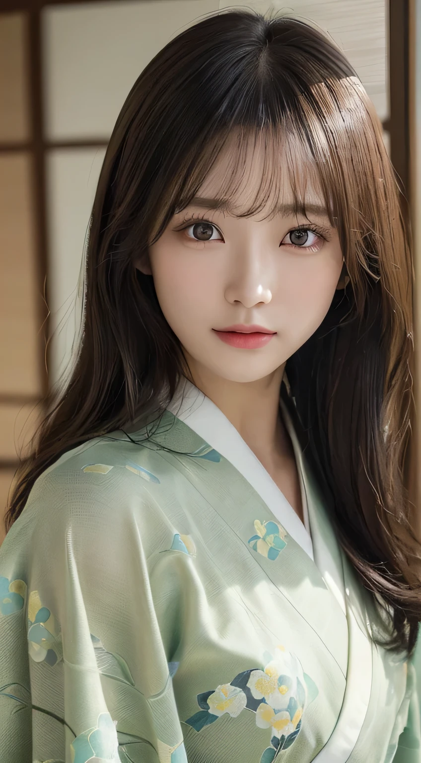 (Kimono)、(33yo)、inside in room、(top-quality,masterpiece:1.3,超A high resolution,),(ultra-detailliert,Caustics),(Photorealsitic:1.4,RAW shooting,)Ultra-realistic capture,A highly detailed,high-definition16Kfor human skin、 Skin texture is natural、、The skin looks healthy with an even tone、 Use natural light and color、(One Woman)、japanes,,kawaii,A dark-haired,Middle hair,(depth of fields、chromatic abberation、、Wide range of lighting、Natural Shading、)、