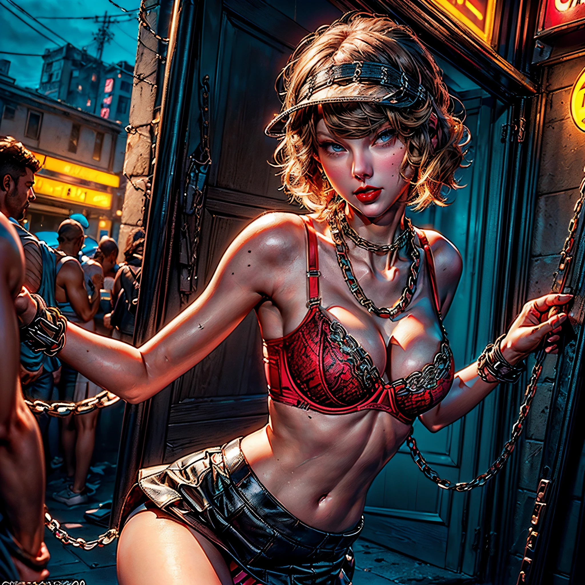 Taylor Swift (Obra maestra:1.3), Ultra detallado, ultra-high-resolution, (realista, Foto realista:1.37), Foto en color RAW de alto detalle, cinematiclight, Destello de lente, profesional photography, (proporciones perfectas), (Anatomically correct), ((Ver el visor)), (hombros expuestos), Una foto de ((Taylor Swift, 28 years old)), con cuerpo perfecto, Rostro muy delicado y ojos detallados, (light brown short hair:1.5), (maquillaje ligero:1.5, (red lipstik:1.8), delineador), (pechos llenos:1.5), Pale skin, ((Taylor Swift)), ((Dressed in a slave bra with chains:1.68)), ((Correa de cadena:1.51)), ((pechos cubiertos por una cota de malla sexy:1.5)), ((Blanco, negro: Latex pants, Ultra Detailed Layered Chain Pant)), (cintura estrecha:1.2), (mediano), ((Blanquea la piel, cara delgadientre delgado: 1.2, (muy delgado, Cuerpo bien musculado:1.32), ((Cara ultra detallada)), The attention to detail, 二重まぶた, (erotic:1.5), Smile of satisfaction, Gorgeous appearance, Aspecto electrizante, ((Disparo de vaquero)), (dynamic pose: 1.3), ((Noche de la ciudad), (neon sign), (Noche), andante), (Taylor Swift:1.4),(manos detailed ) ,(miniskirt amarillo plisada:1.4), ((Las proporciones correctas)), panties blue, pantimedias white,,More enhanced detailed.motor irreal:1.4,UHD,La mejor calidad:1.4, fotorrealista:1.4, textura de la piel:1.4, obra maestra:1.8,obra-prima, mejor calidad,objeto Objeto], (detailed face features:1.3) naked nsfw varies multi etc. --s 1000 --c 20 --q 20 --chaos 100