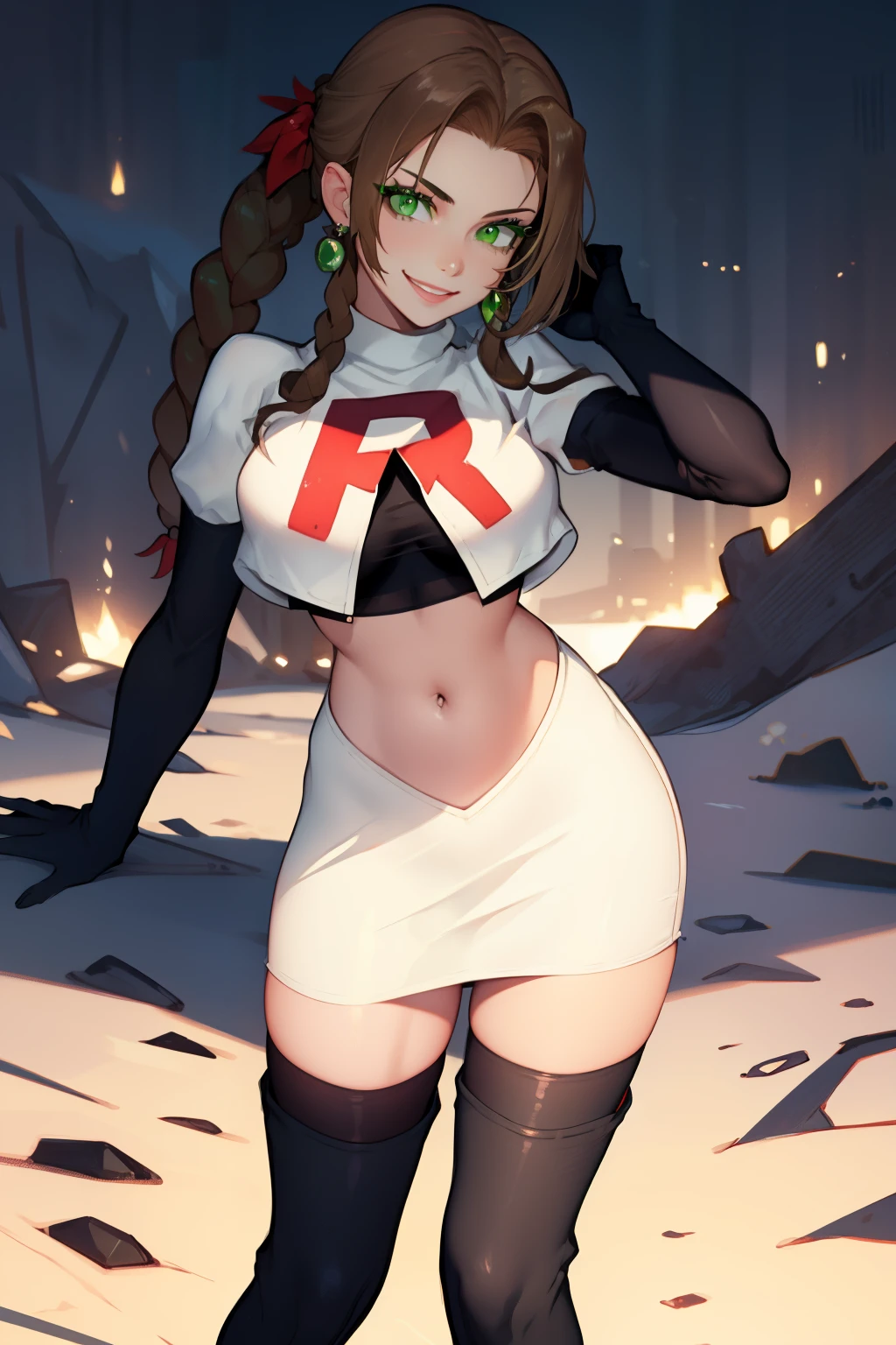 aerith gainsborough, green eyes ,glossy lips, light makeup, eye shadow, earrings ,team rocket,team rocket uniform, red letter R, white skirt,white crop top,black thigh-high boots, black elbow gloves, evil smile, sexy pose