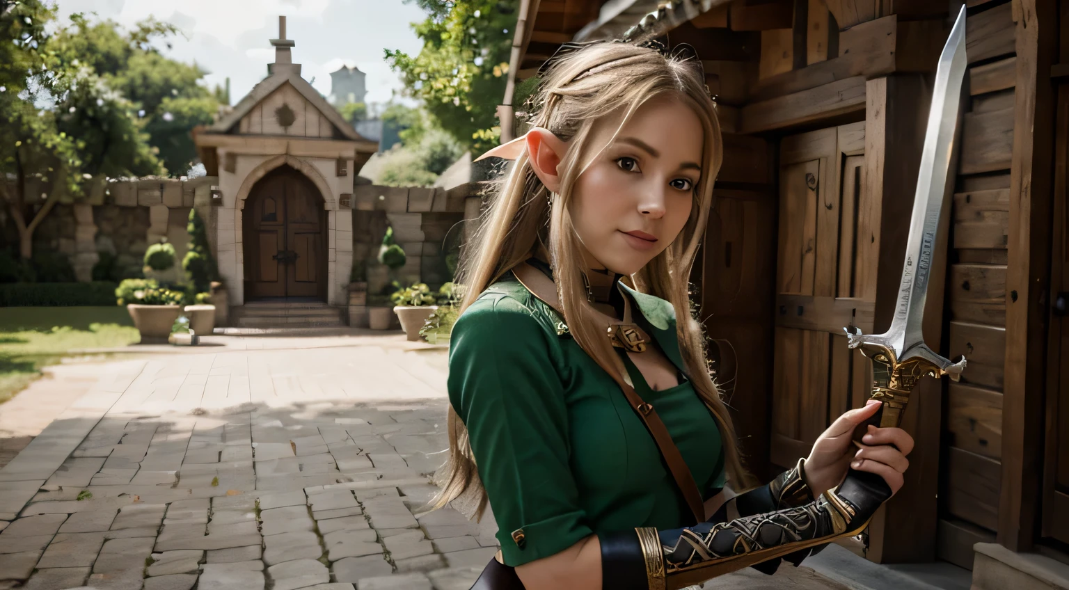 Elf girl gets a sword from the armorer