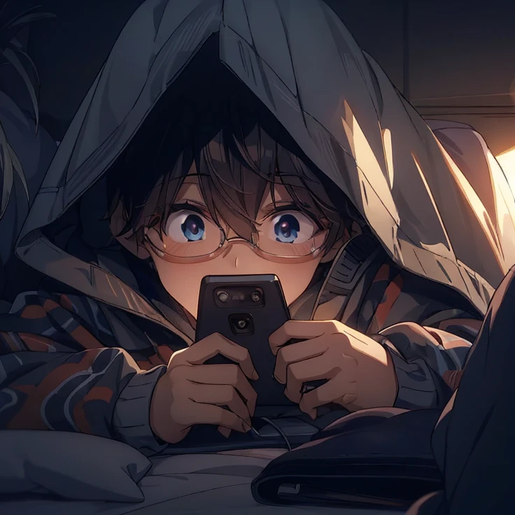 1boy, a person with smiling and use glasses laying in bed looking at a cell phone with a hood on their head and a blanket over their head, computer art, anime art, a manga drawing