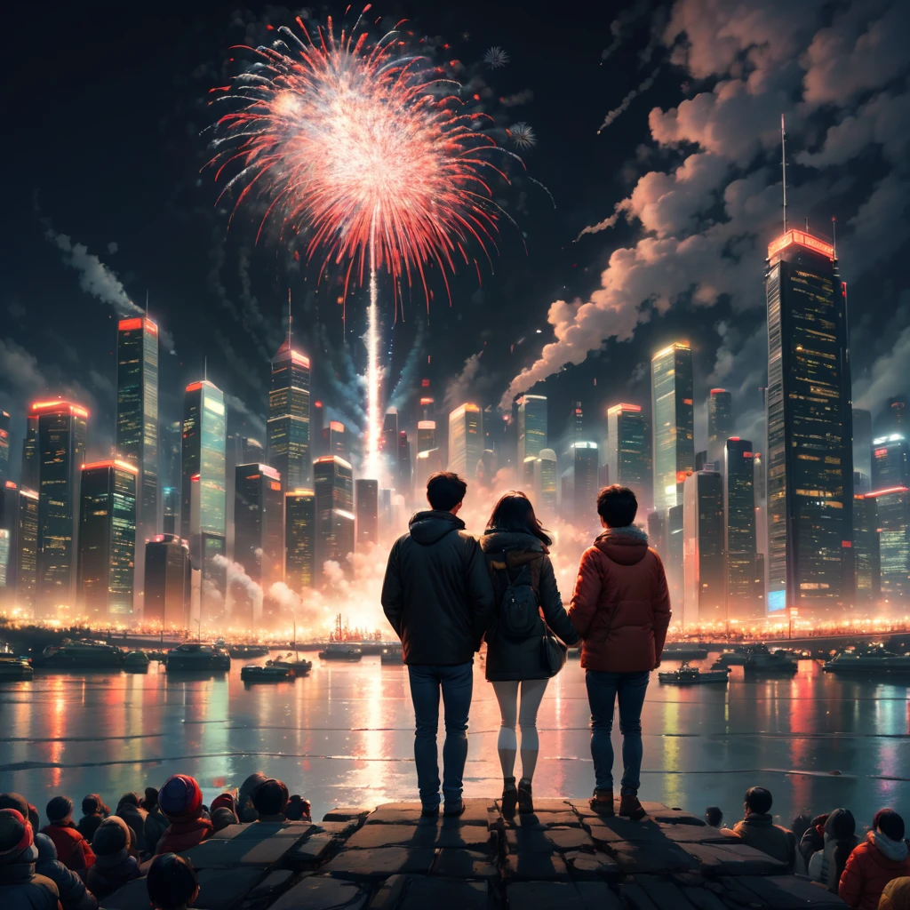 at winter season,((1 couple,hugs,Watching the fireworks in the sky)),(new year),(concert),(),(crowd of), (skyscrapper,City night view in the background, Many fireworks in the background), illustratio, Warm and joyful atmosphere, illustration, New Year’s Day, 下雪的at winter seasonnew year夜, 可爱illustratio, background artwork, 风格化数字illustratio,(first-person view, pov, Ghibli-like colours, UHD, masterpiece, ccurate, anatomically correct, textured skin, super detail, high details, high quality, best quality, 8k)