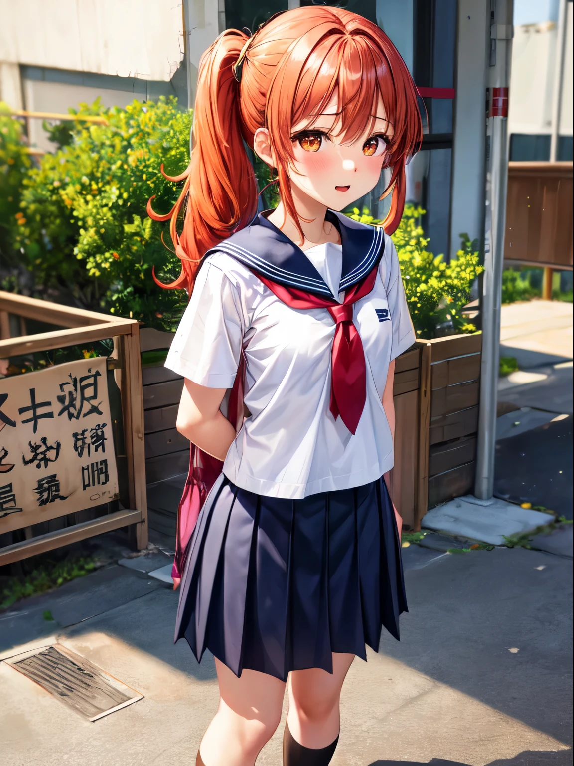 独奏, 1girl in, masterpiece, top-quality, skirt by the,、red eyes, hair between eye, poneyTail, student clothes, is standing, white shirt, panthyhose, Red-haired, プリーツskirt by the, neck tie, shoe, Sailor Fuku, tusk, orange color hair, 青いskirt by the, Orange eyes, 黒いpanthyhose, Pee、Pee、Urge to urinate、Inner Stock、I'm slow